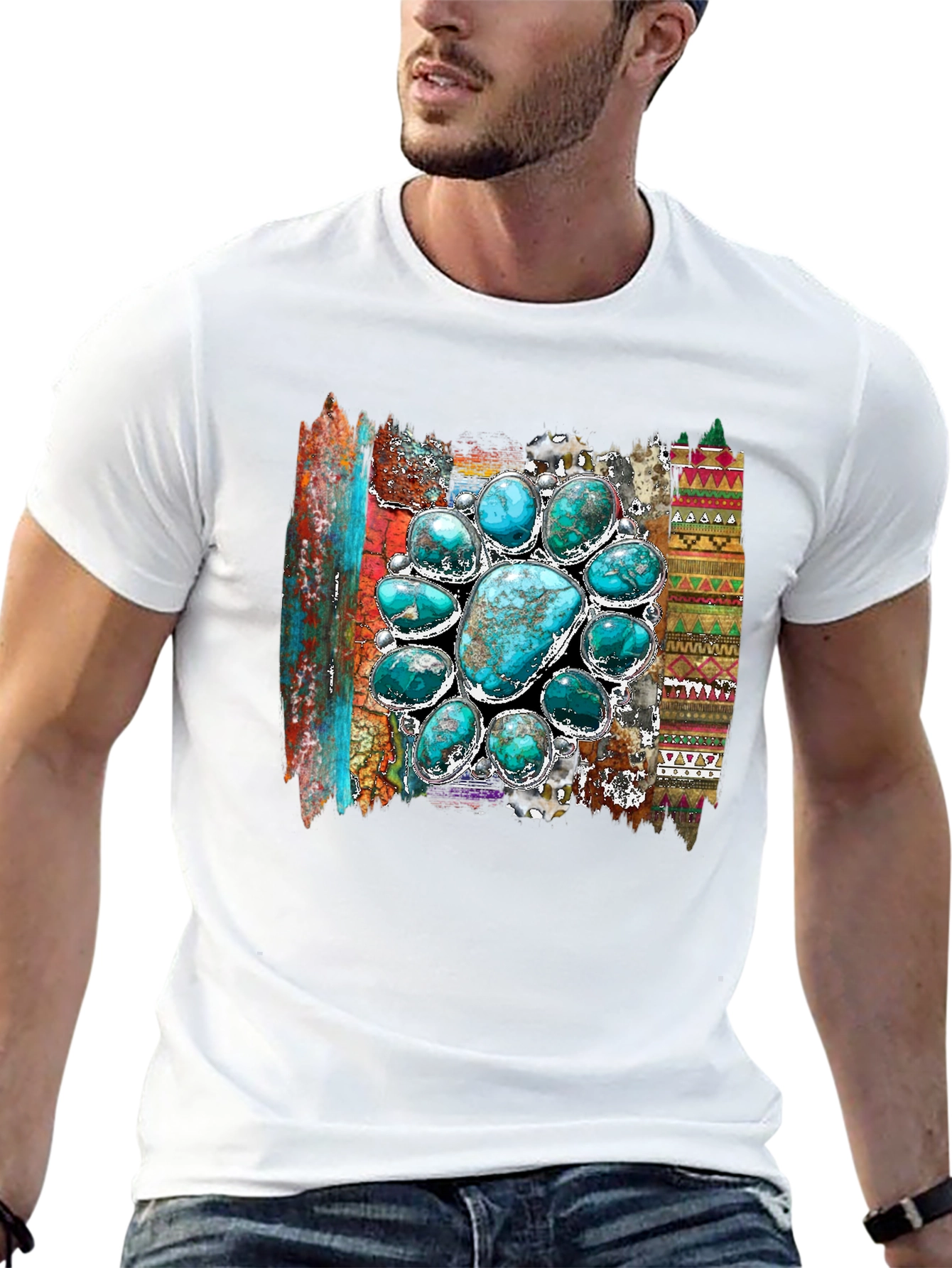 Turquoise Stone Design Mens Black T-Shirt