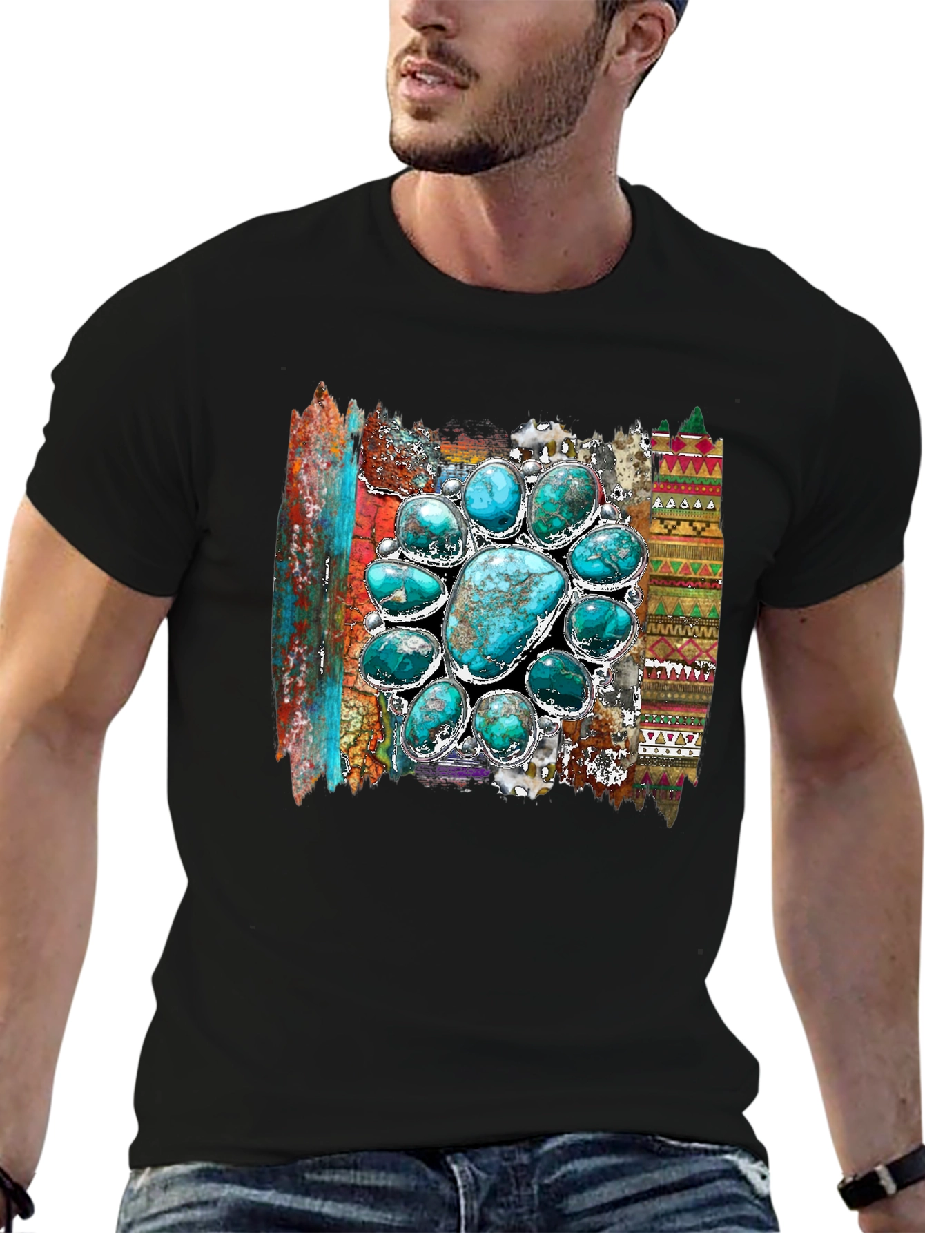 Turquoise Stone Design Mens Black T-Shirt