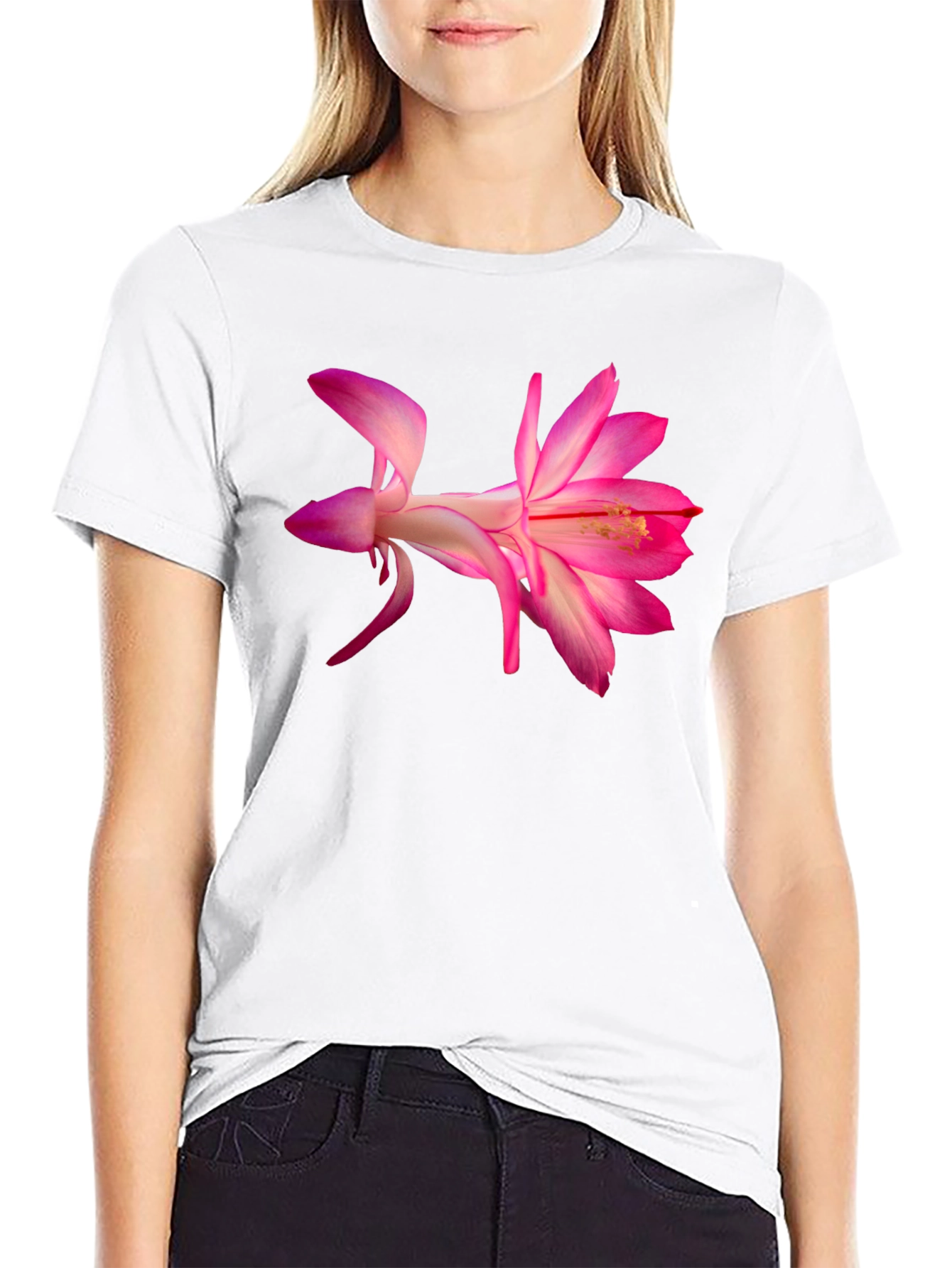 Pink Flower Graphic Black T-Shirt