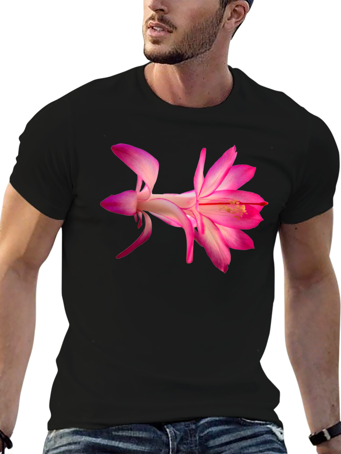 Pink Flower Graphic Black T-Shirt