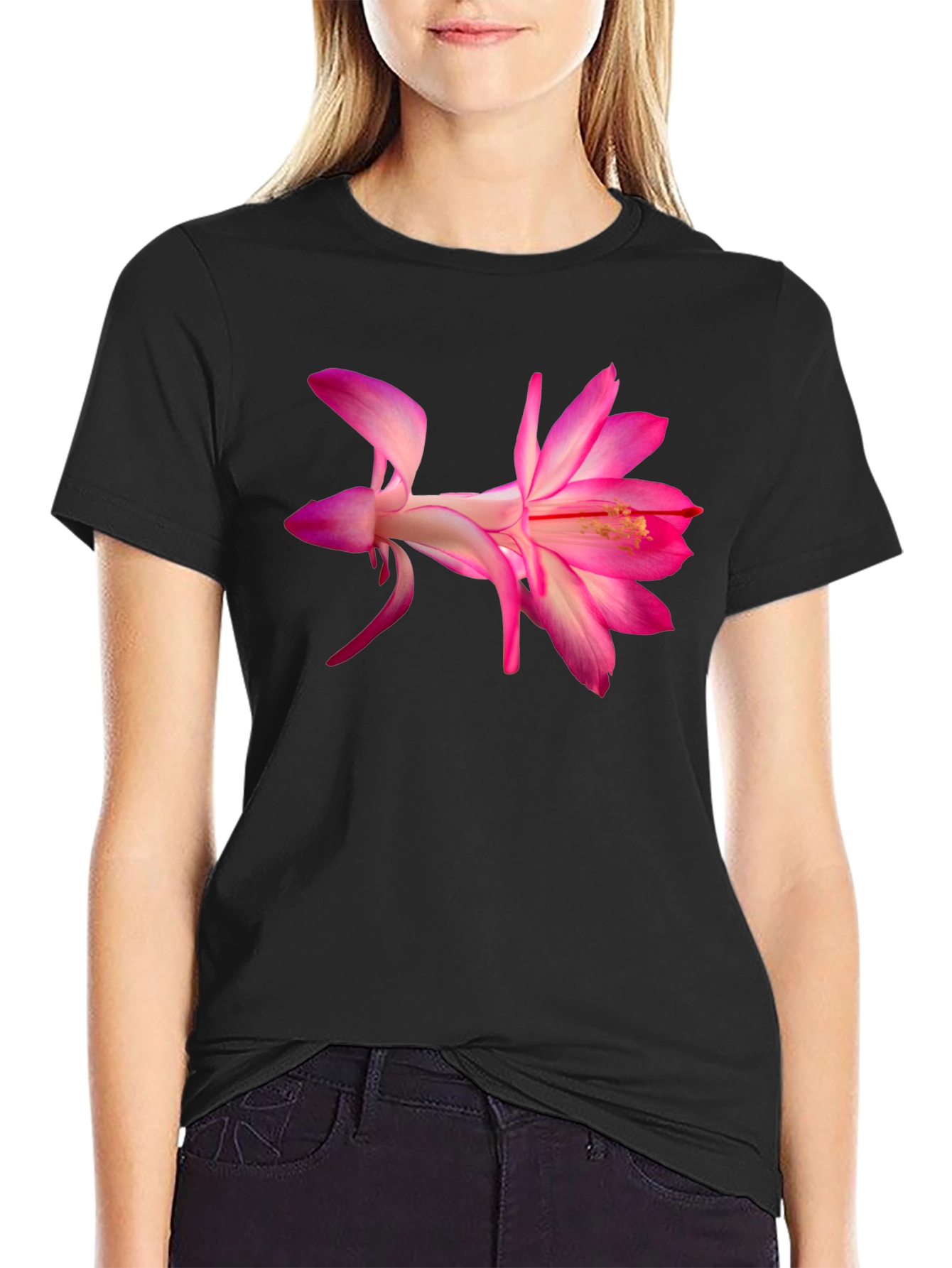 Pink Flower Graphic Black T-Shirt