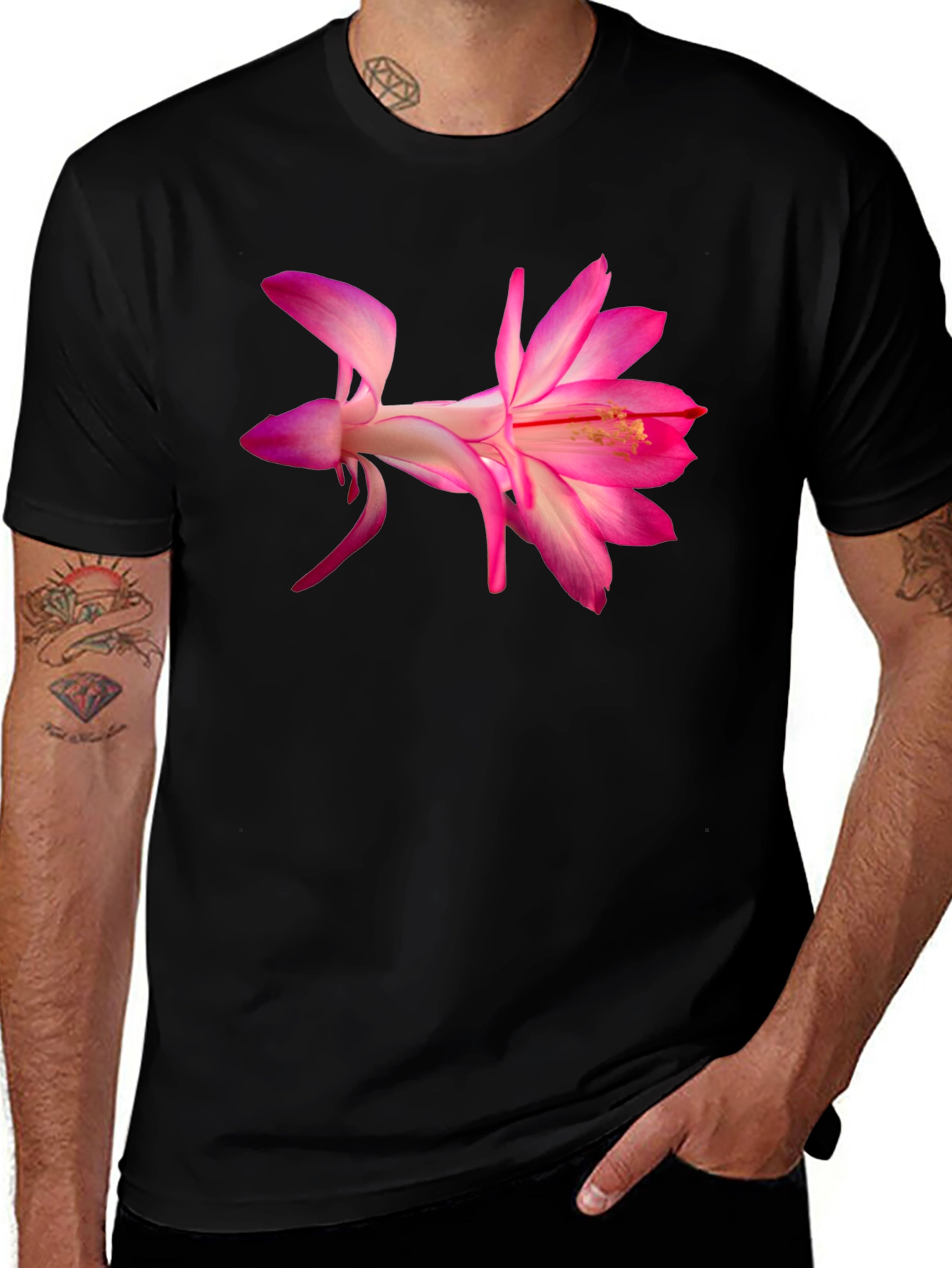 Pink Flower Graphic Black T-Shirt
