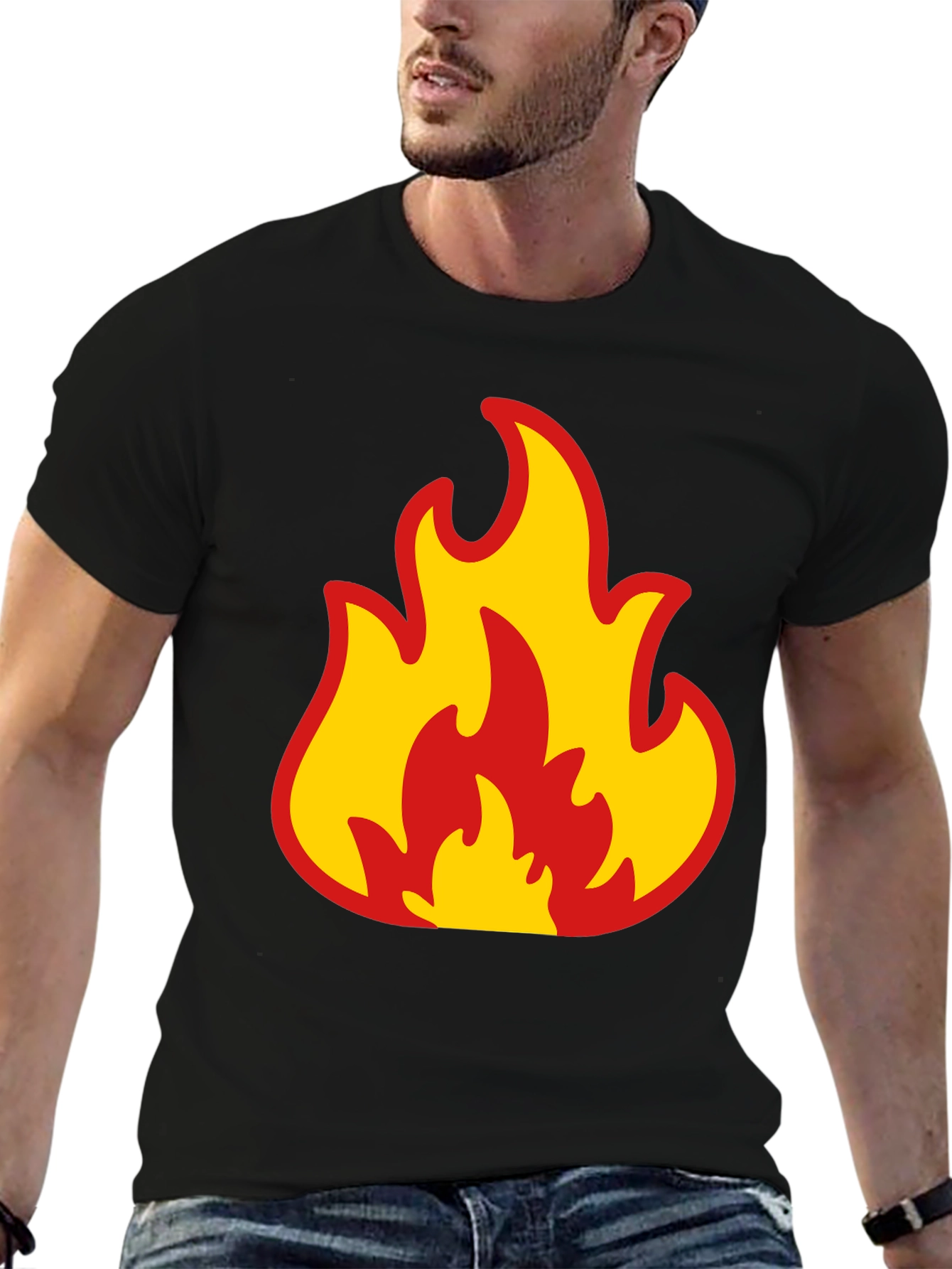 Bold Flame Graphic Tee - Black Cotton T-Shirt