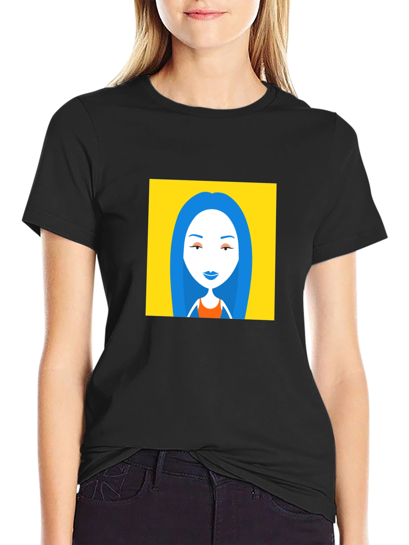 Black T-Shirt with Cartoon Woman Graphic