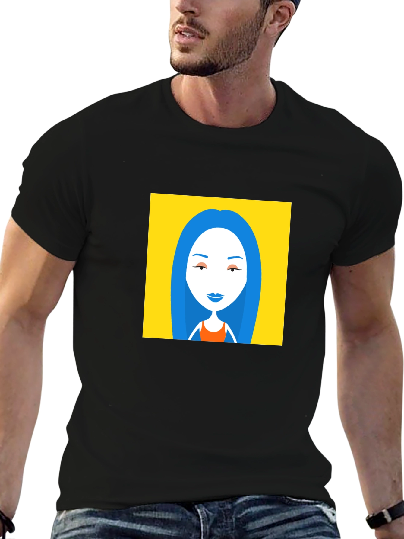 Black T-Shirt with Cartoon Woman Graphic