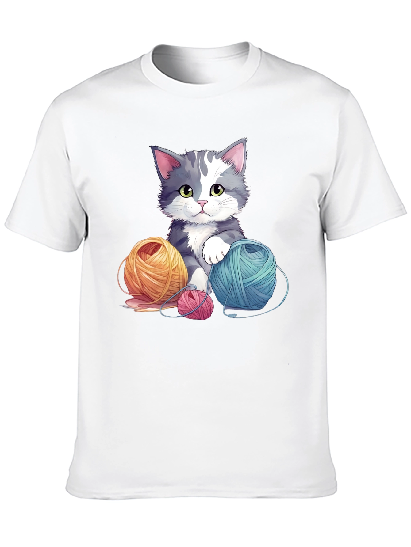 Cute Cat with Yarn Balls Black T-Shirt