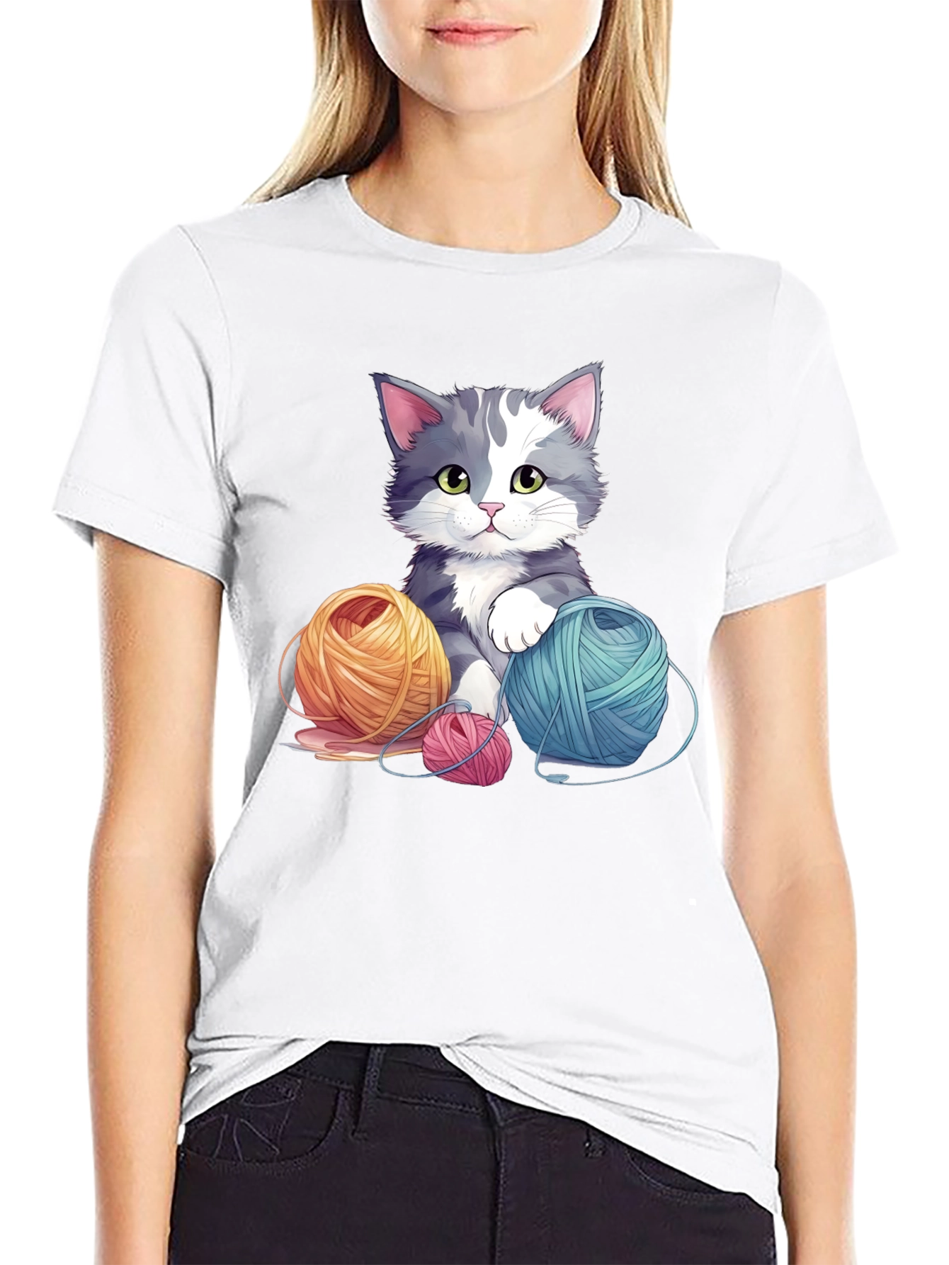 Cute Cat with Yarn Balls Black T-Shirt