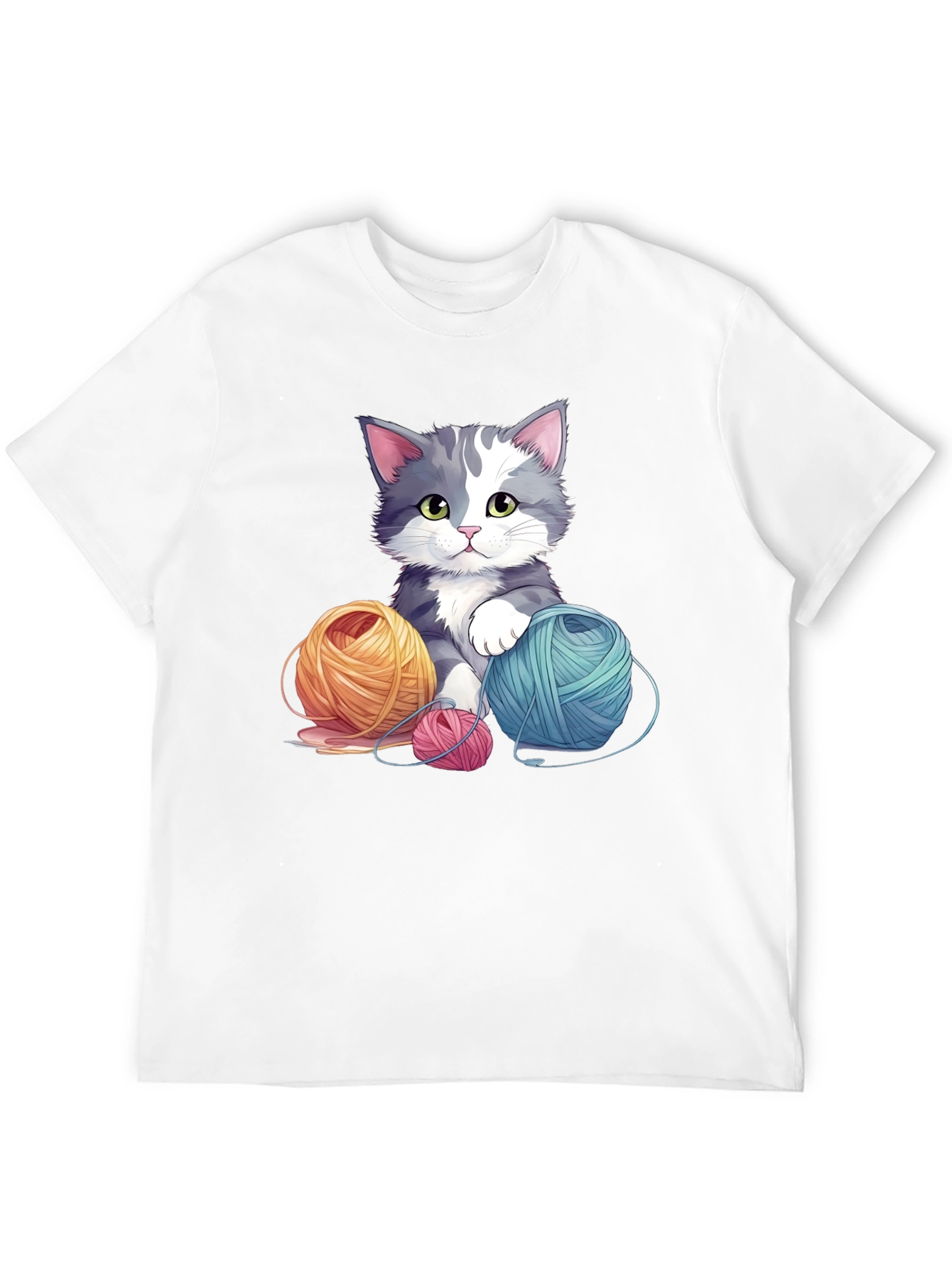 Cute Cat with Yarn Balls Black T-Shirt