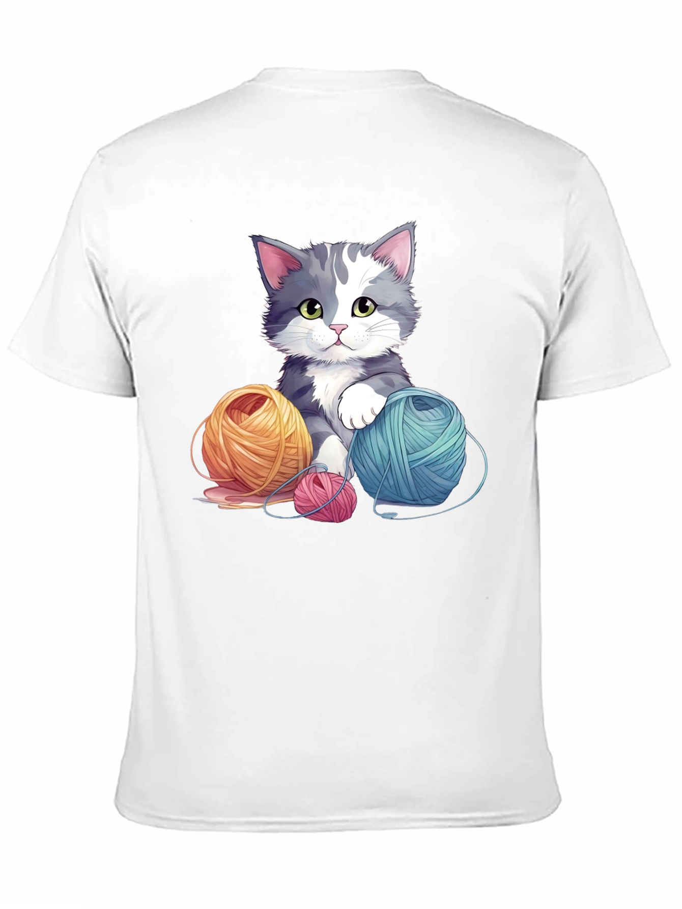 Cute Cat with Yarn Balls Black T-Shirt