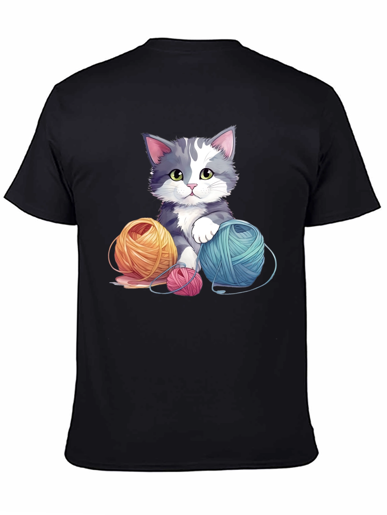 Cute Cat with Yarn Balls Black T-Shirt