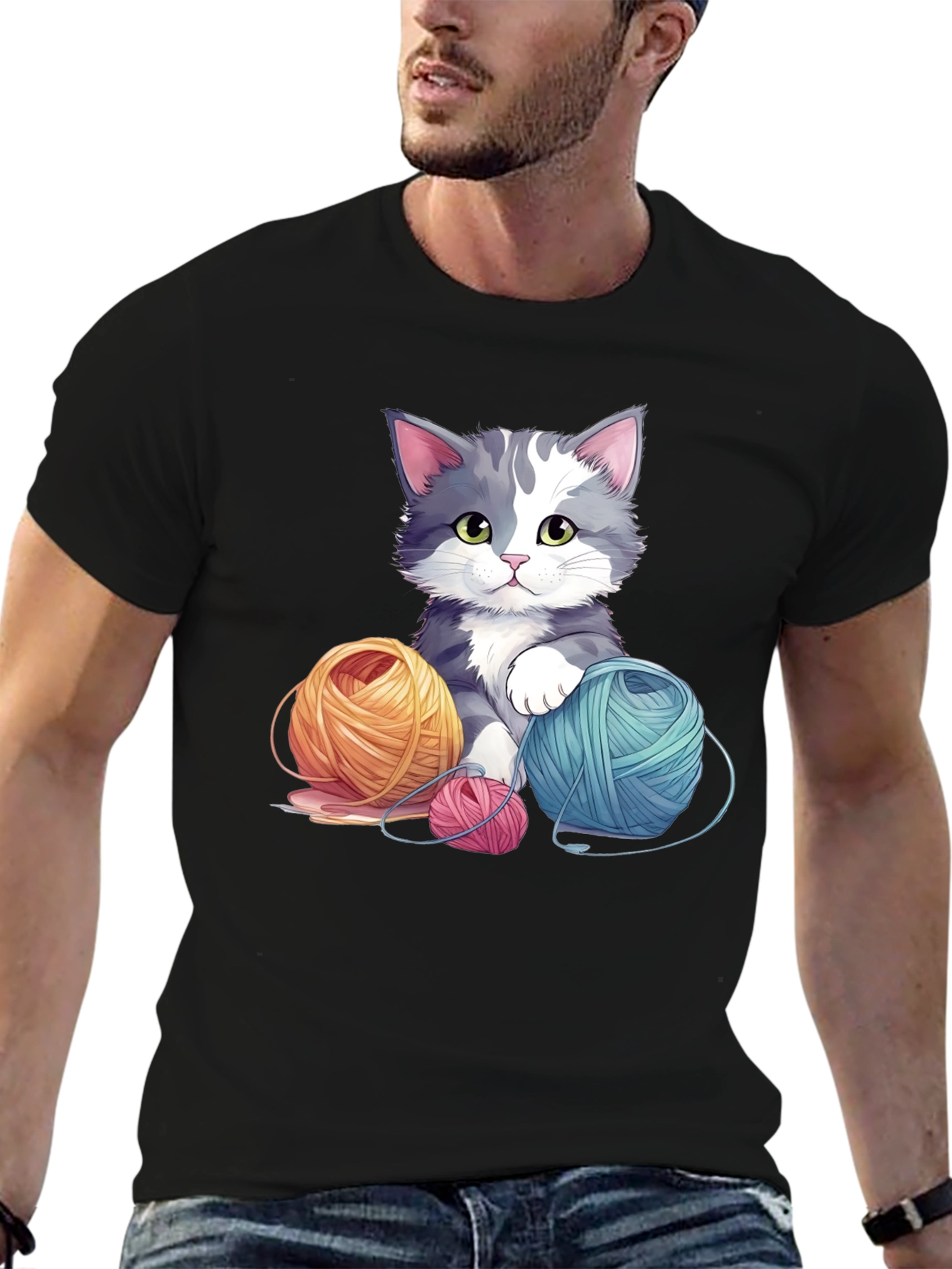 Cute Cat with Yarn Balls Black T-Shirt