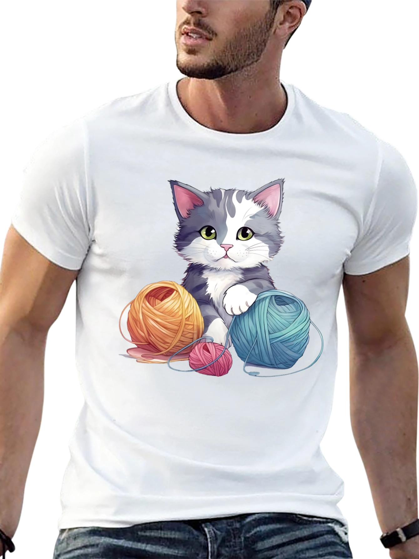 Cute Cat with Yarn Balls Black T-Shirt