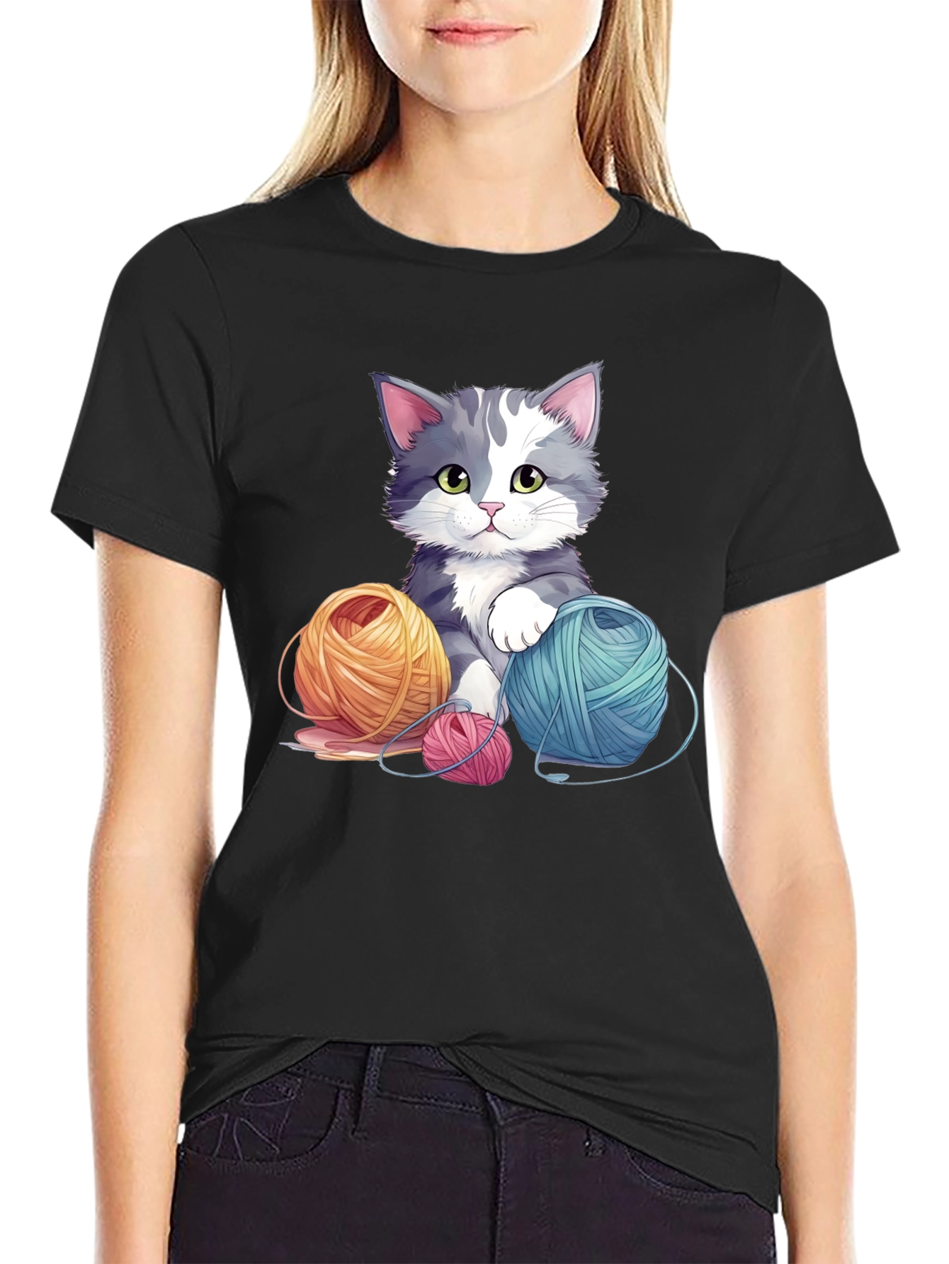 Cute Cat with Yarn Balls Black T-Shirt