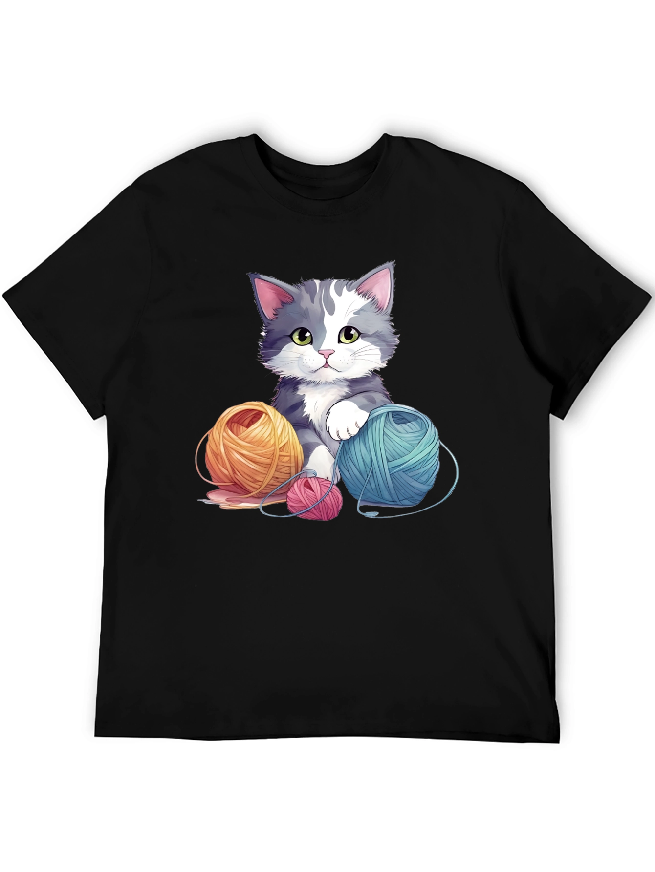 Cute Cat with Yarn Balls Black T-Shirt