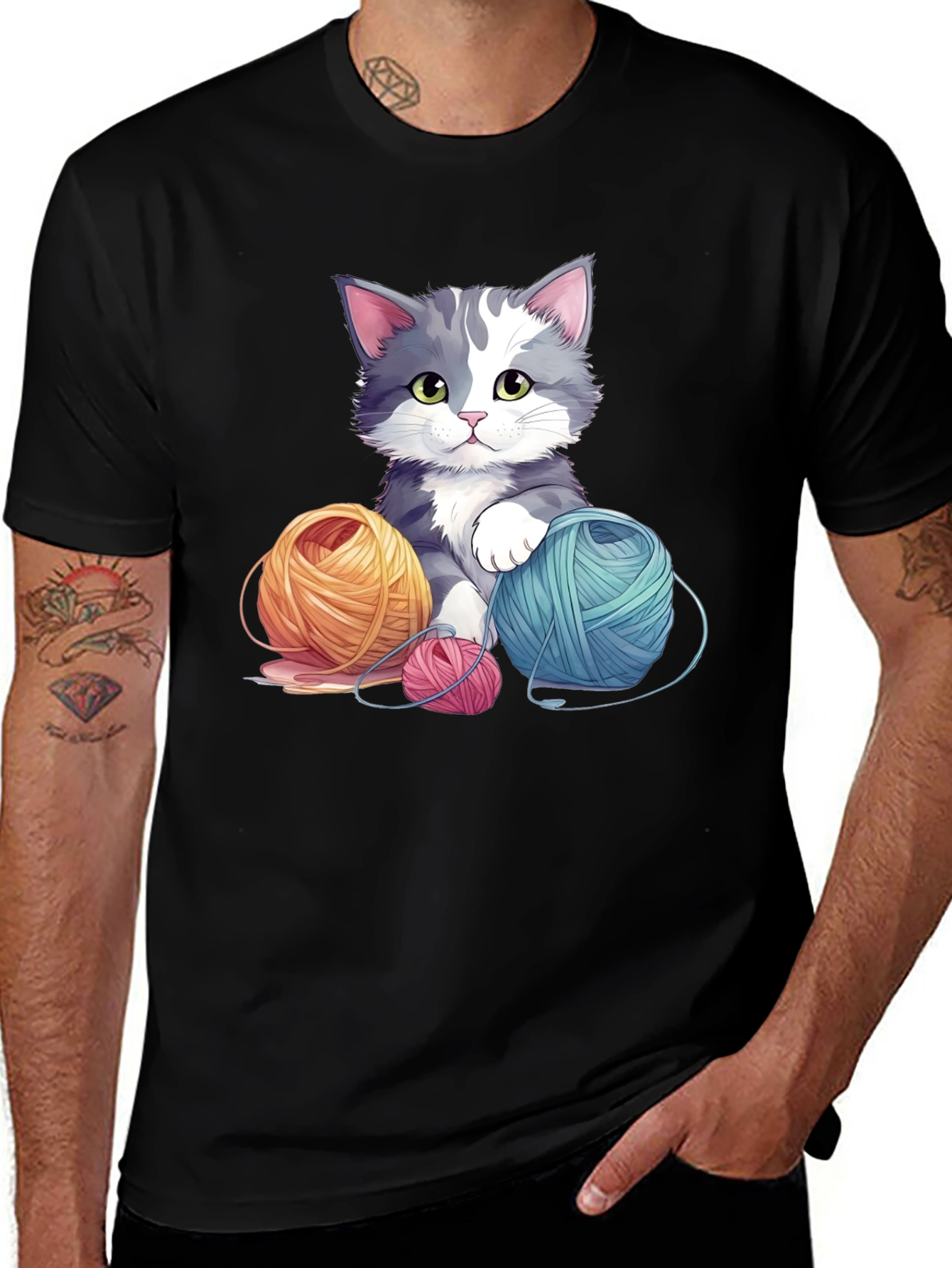 Cute Cat with Yarn Balls Black T-Shirt