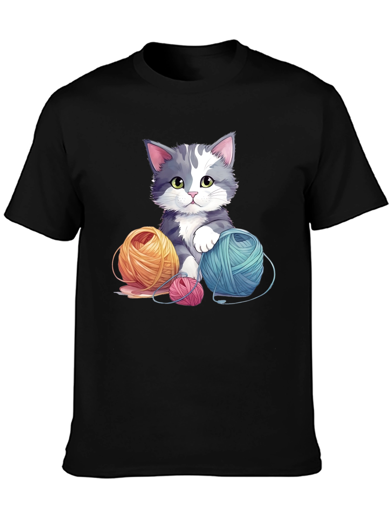 Cute Cat with Yarn Balls Black T-Shirt