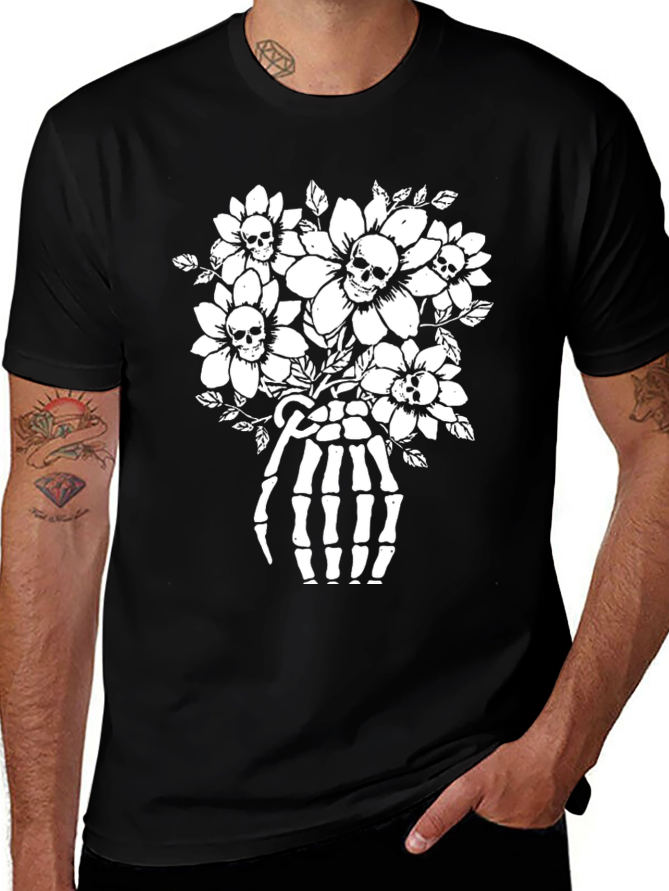 Skull & Flower Skeleton Hand Graphic T-Shirt