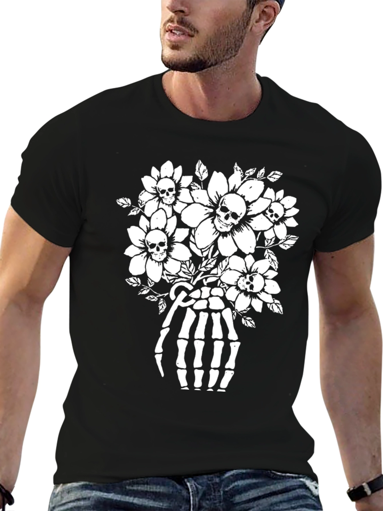 Skull & Flower Skeleton Hand Graphic T-Shirt