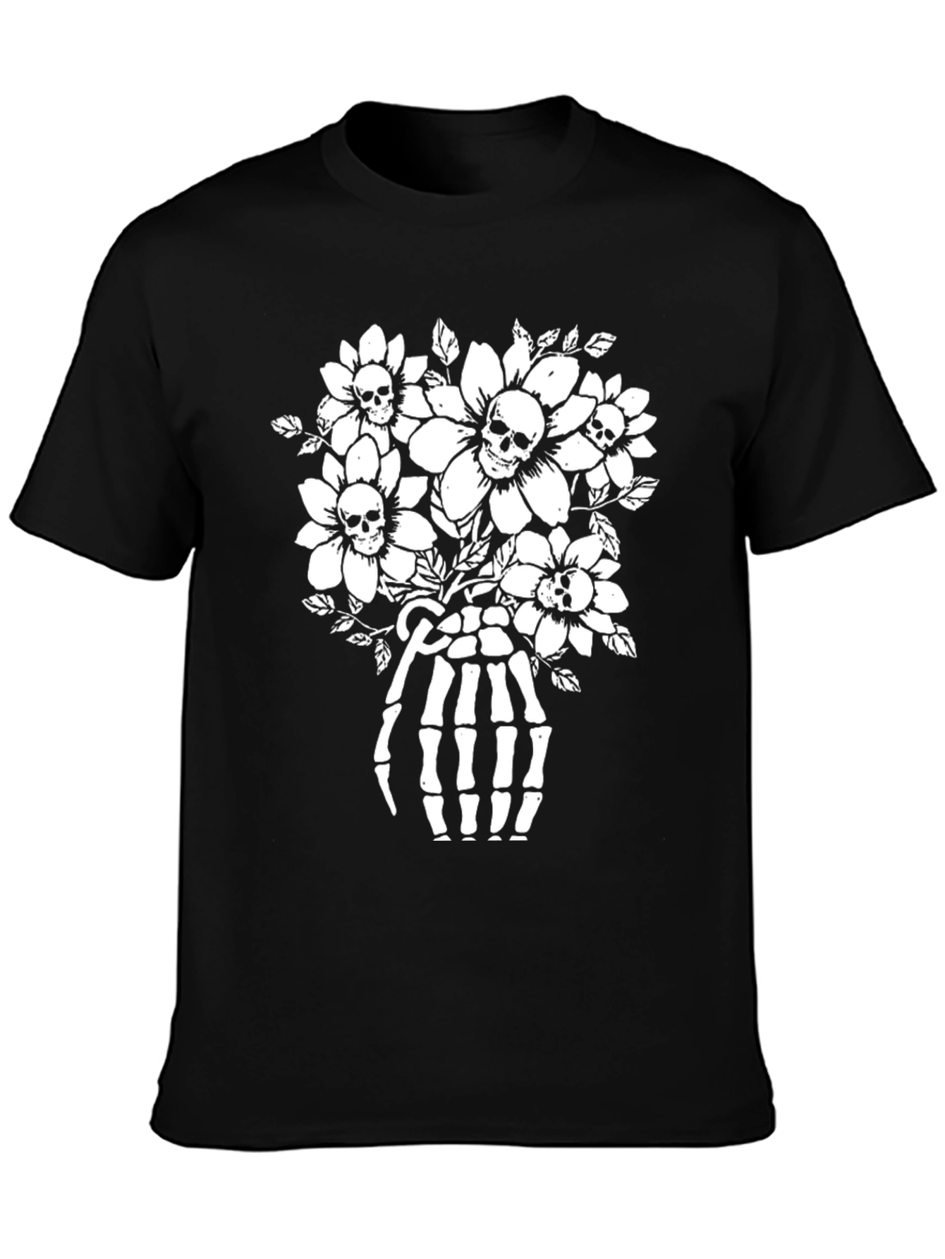 Skull & Flower Skeleton Hand Graphic T-Shirt