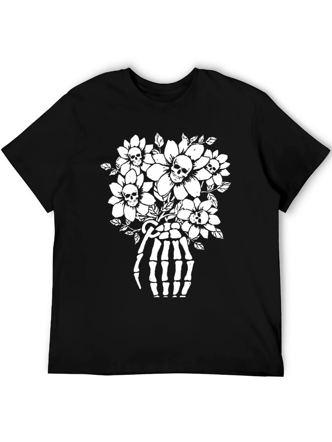 Skull & Flower Skeleton Hand Graphic T-Shirt
