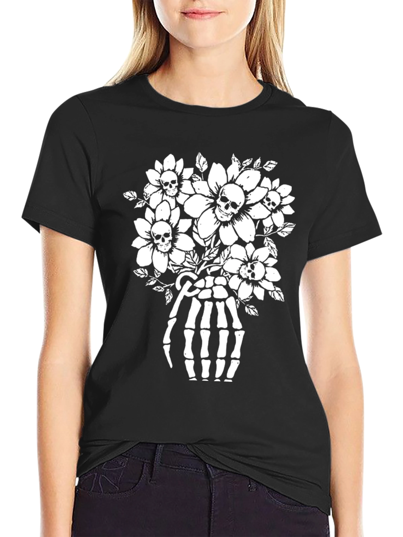Skull & Flower Skeleton Hand Graphic T-Shirt