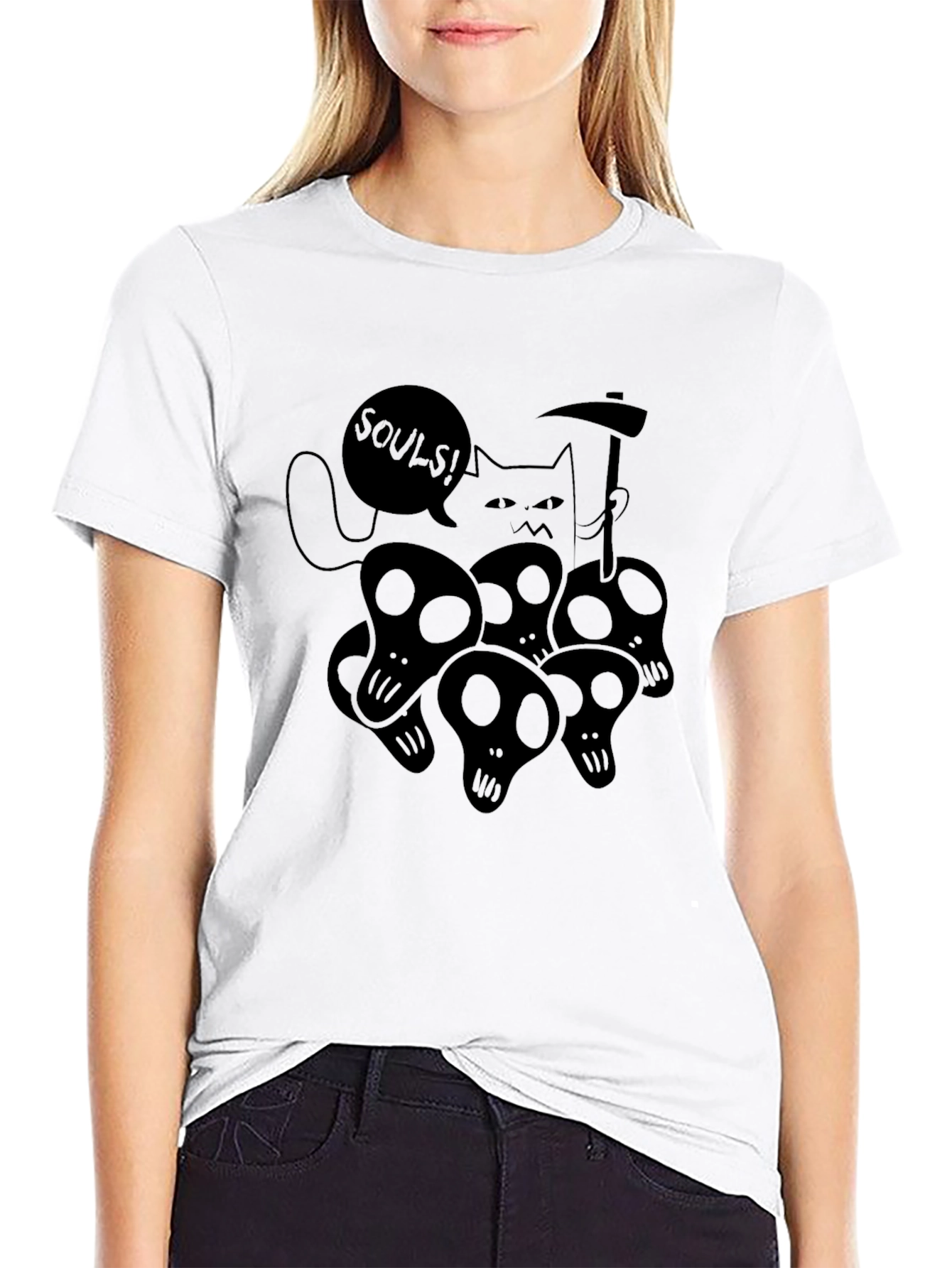 Grim Reaper Cat Graphic Tee - Black Cotton T-Shirt