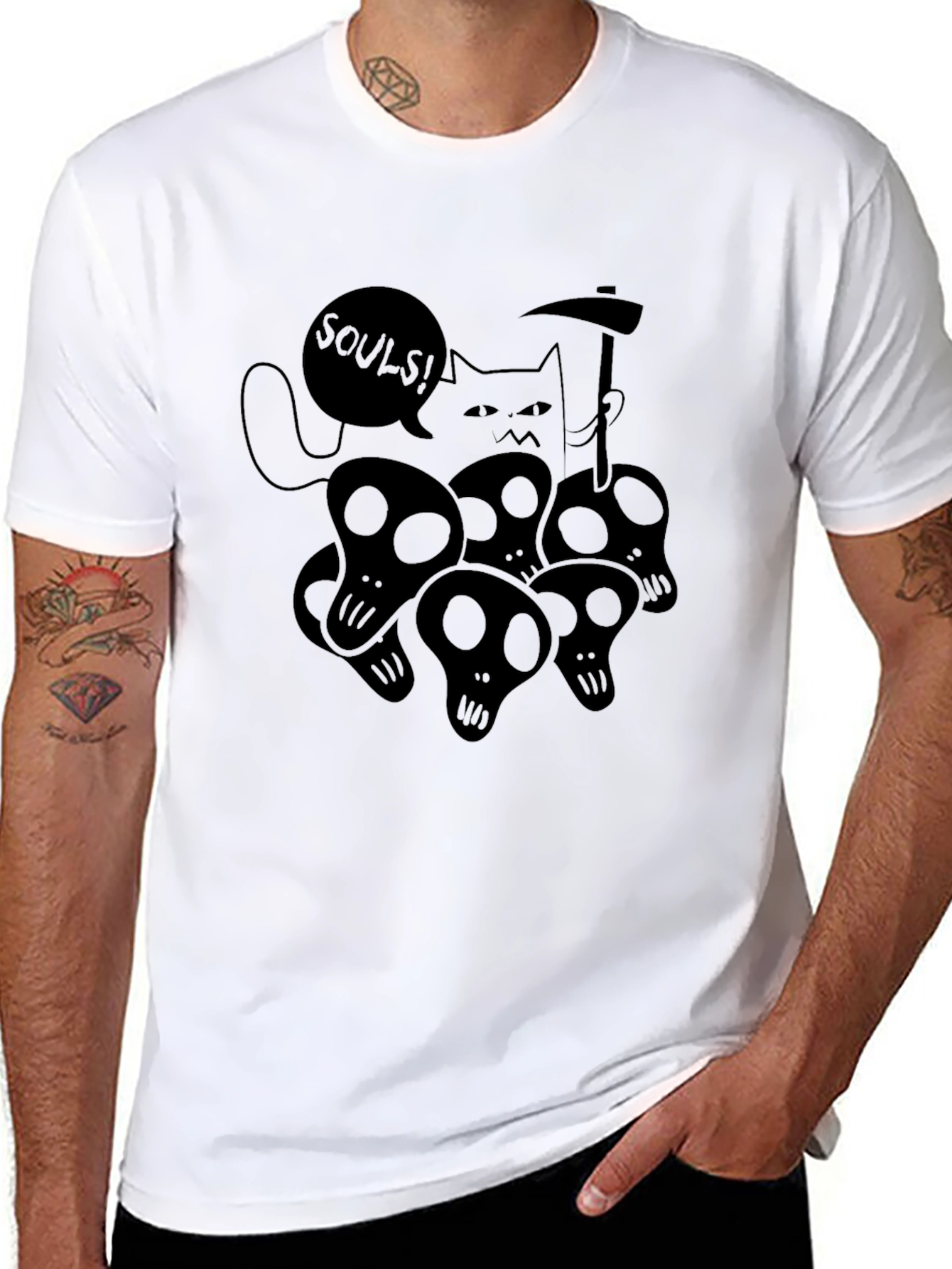 Grim Reaper Cat Graphic Tee - Black Cotton T-Shirt