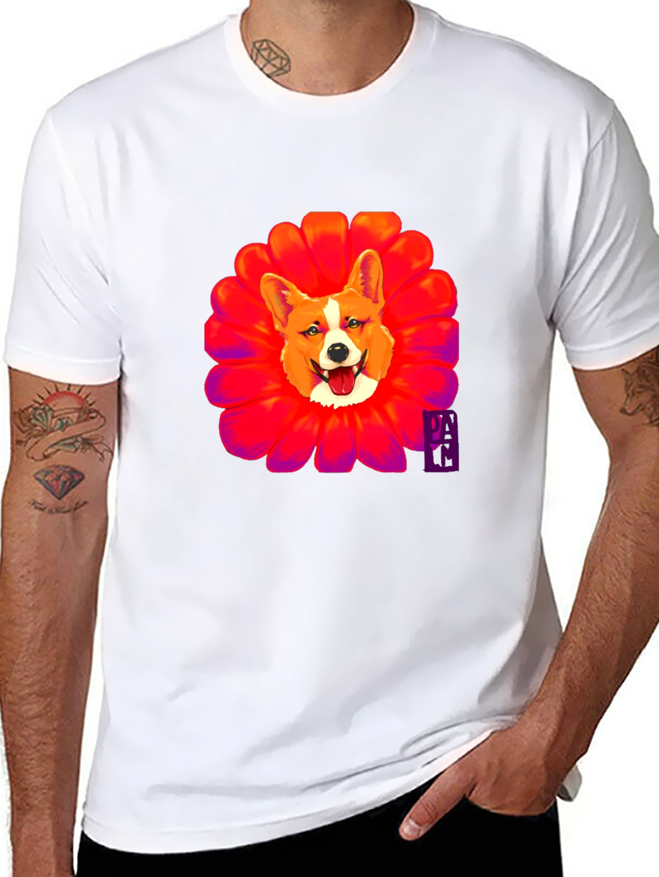 Corgi Flower Graphic Black T-Shirt
