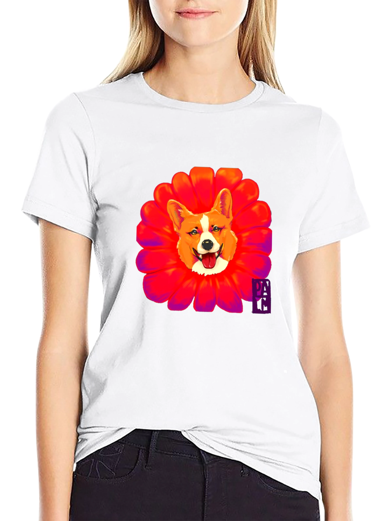 Corgi Flower Graphic Black T-Shirt