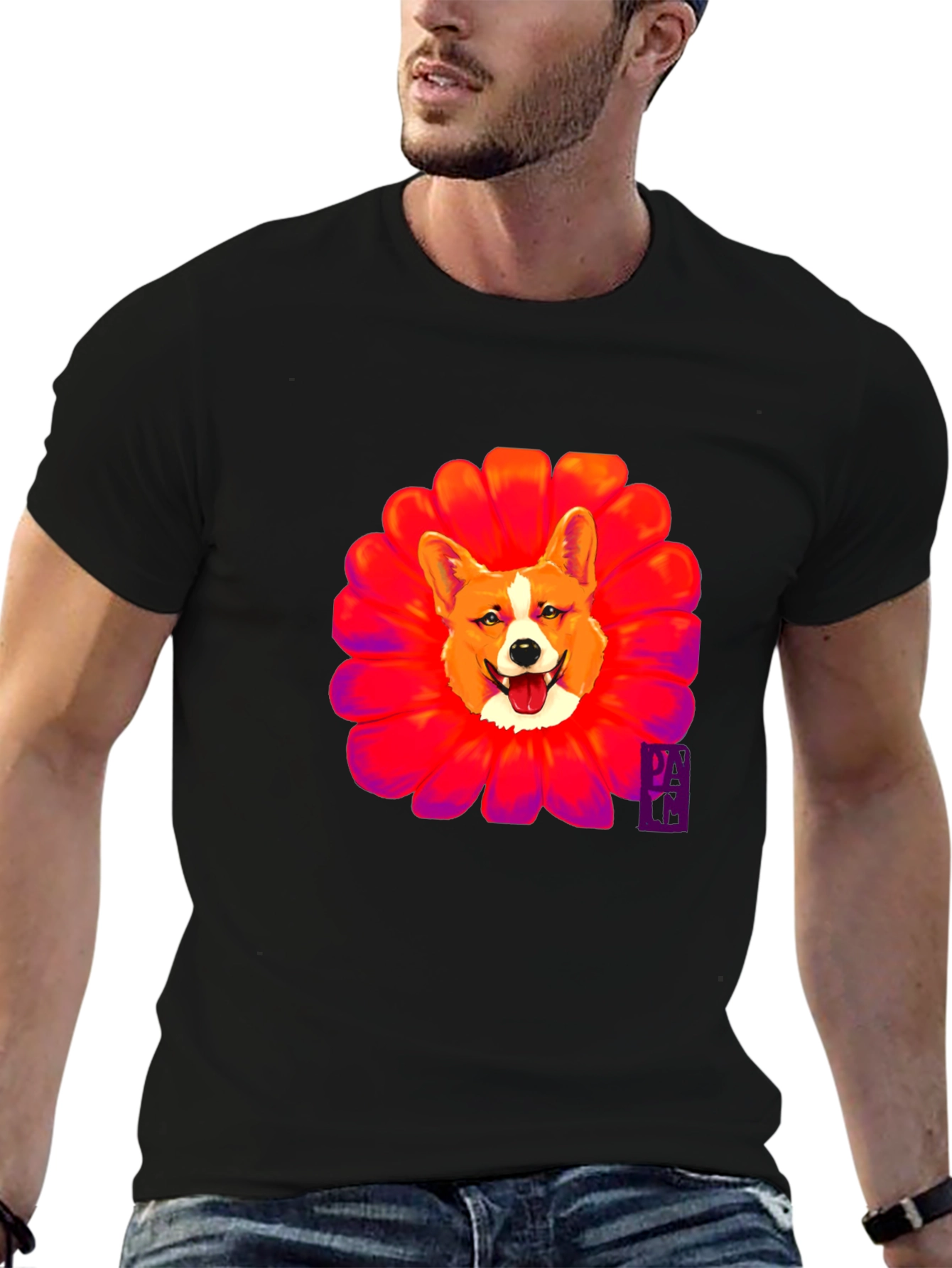 Corgi Flower Graphic Black T-Shirt