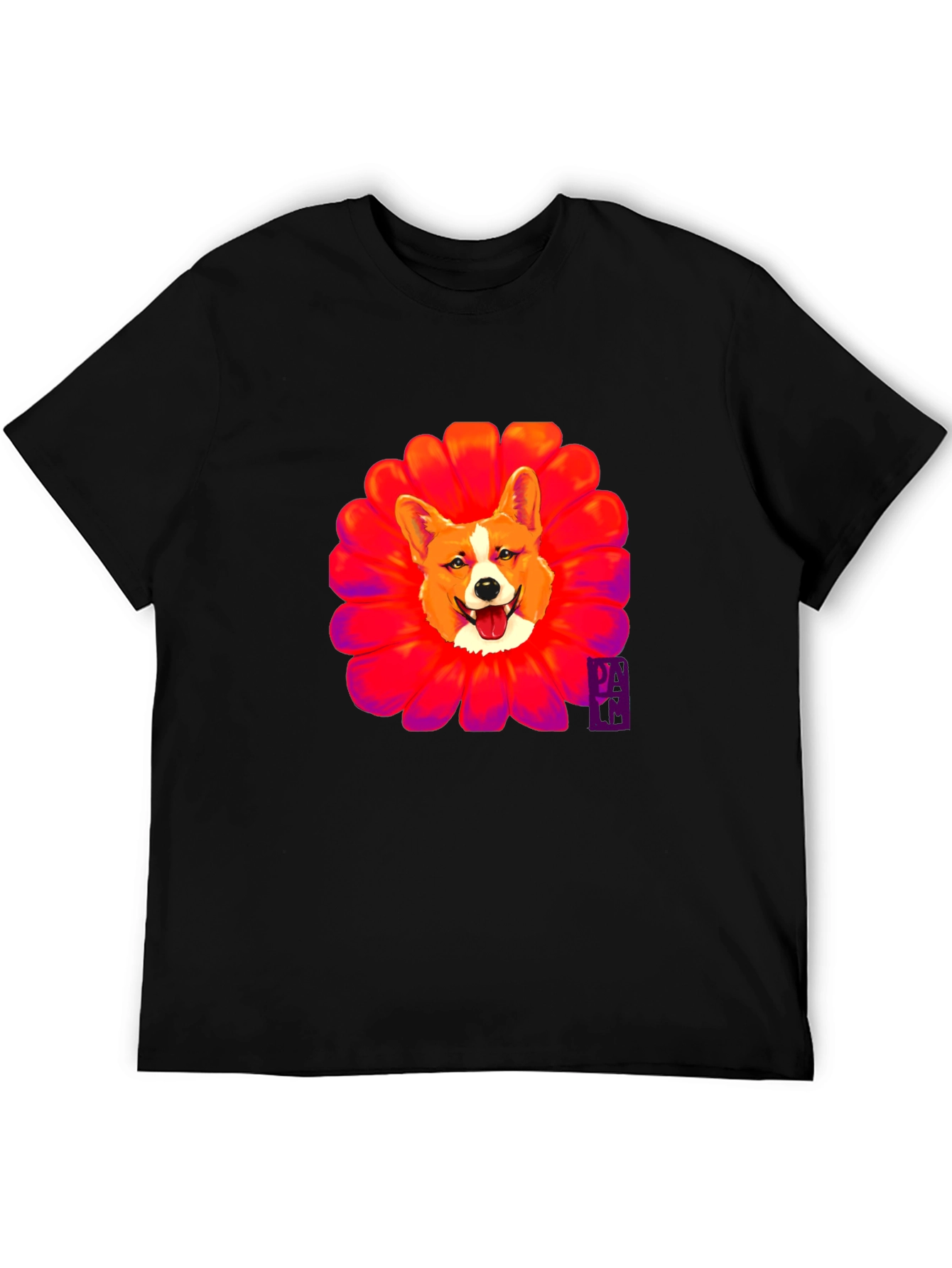 Corgi Flower Graphic Black T-Shirt