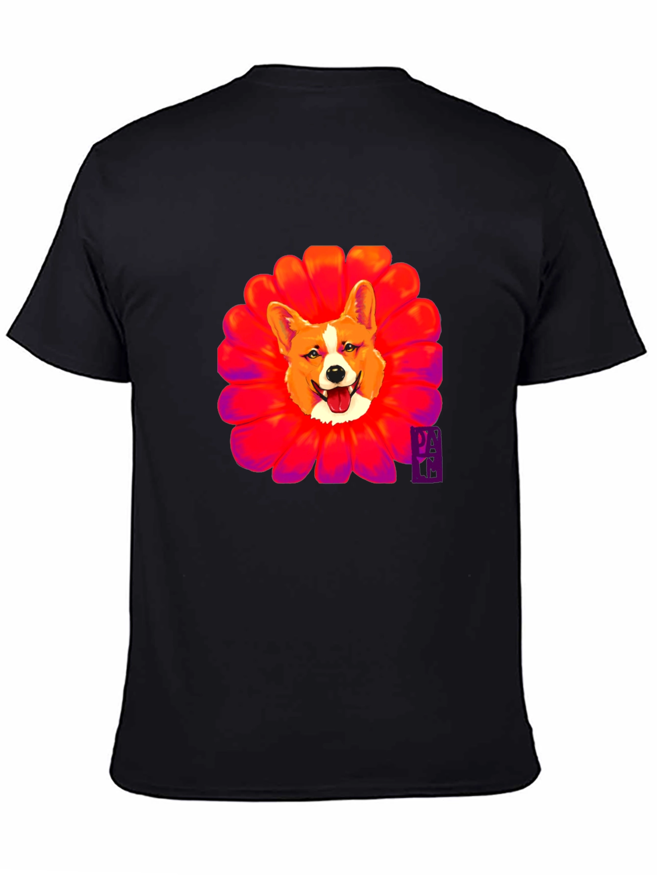 Corgi Flower Graphic Black T-Shirt