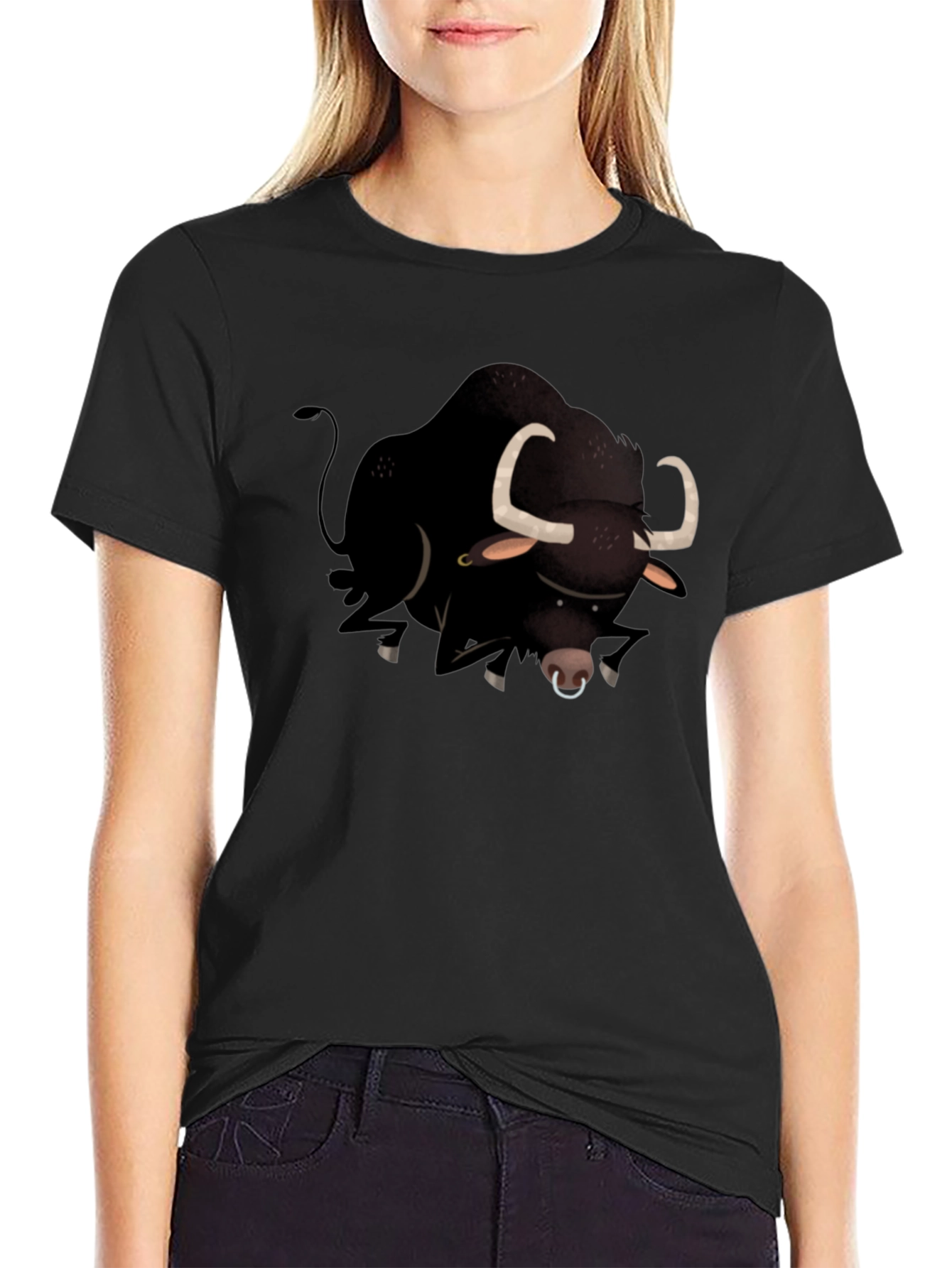 Black Bull Cartoon Graphic T-Shirt for Men