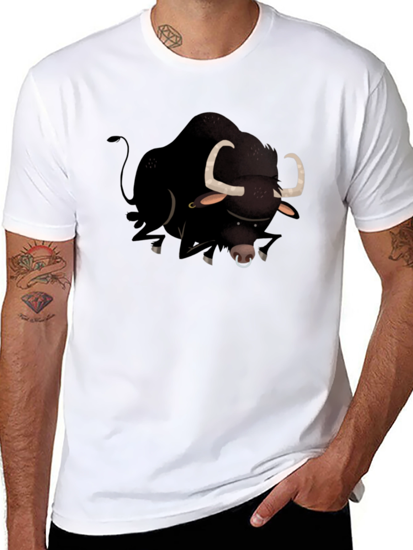Black Bull Cartoon Graphic T-Shirt for Men