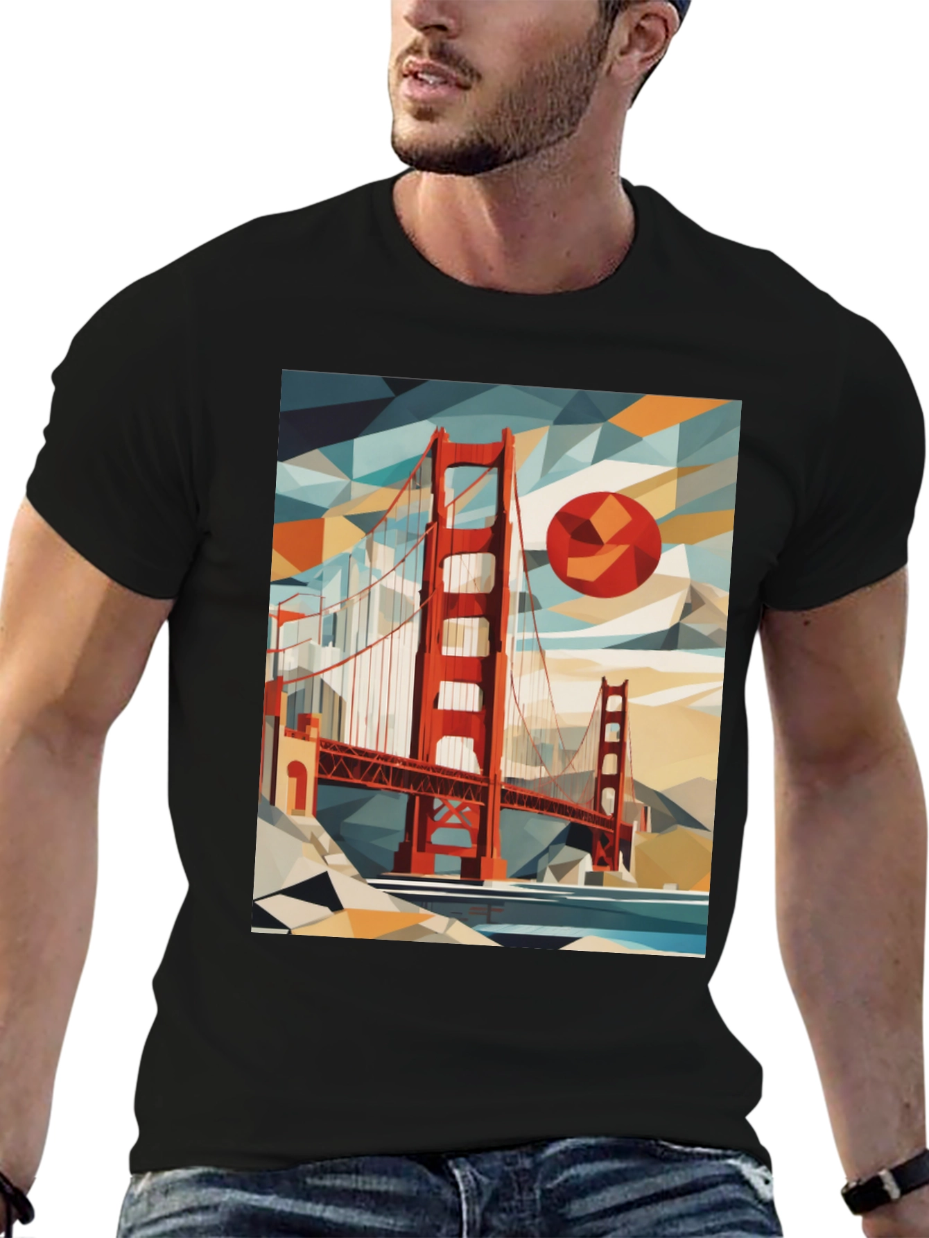 Golden Gate Bridge Geometric Art Black T-Shirt