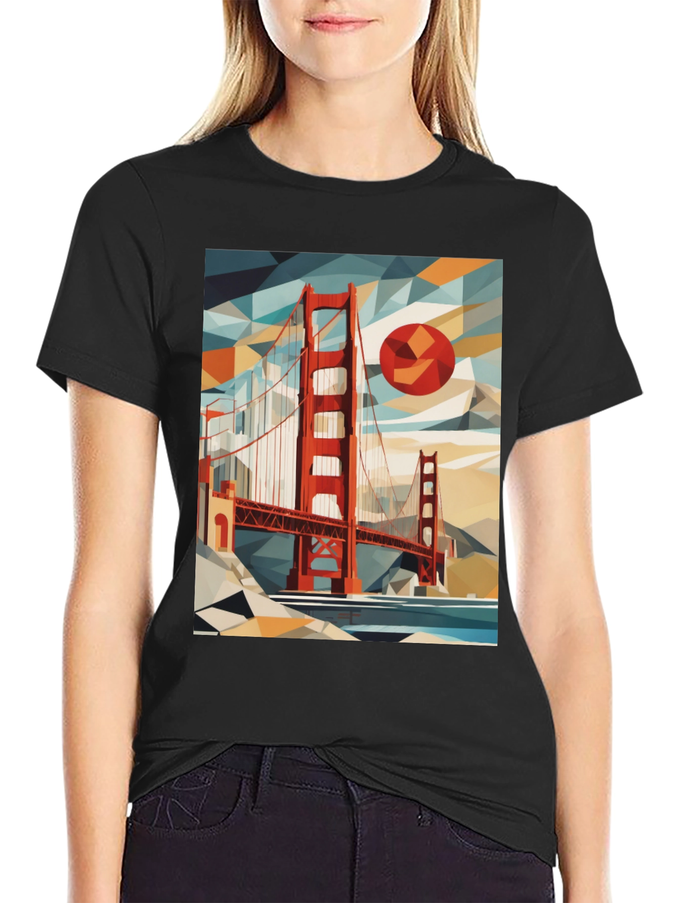 Golden Gate Bridge Geometric Art Black T-Shirt
