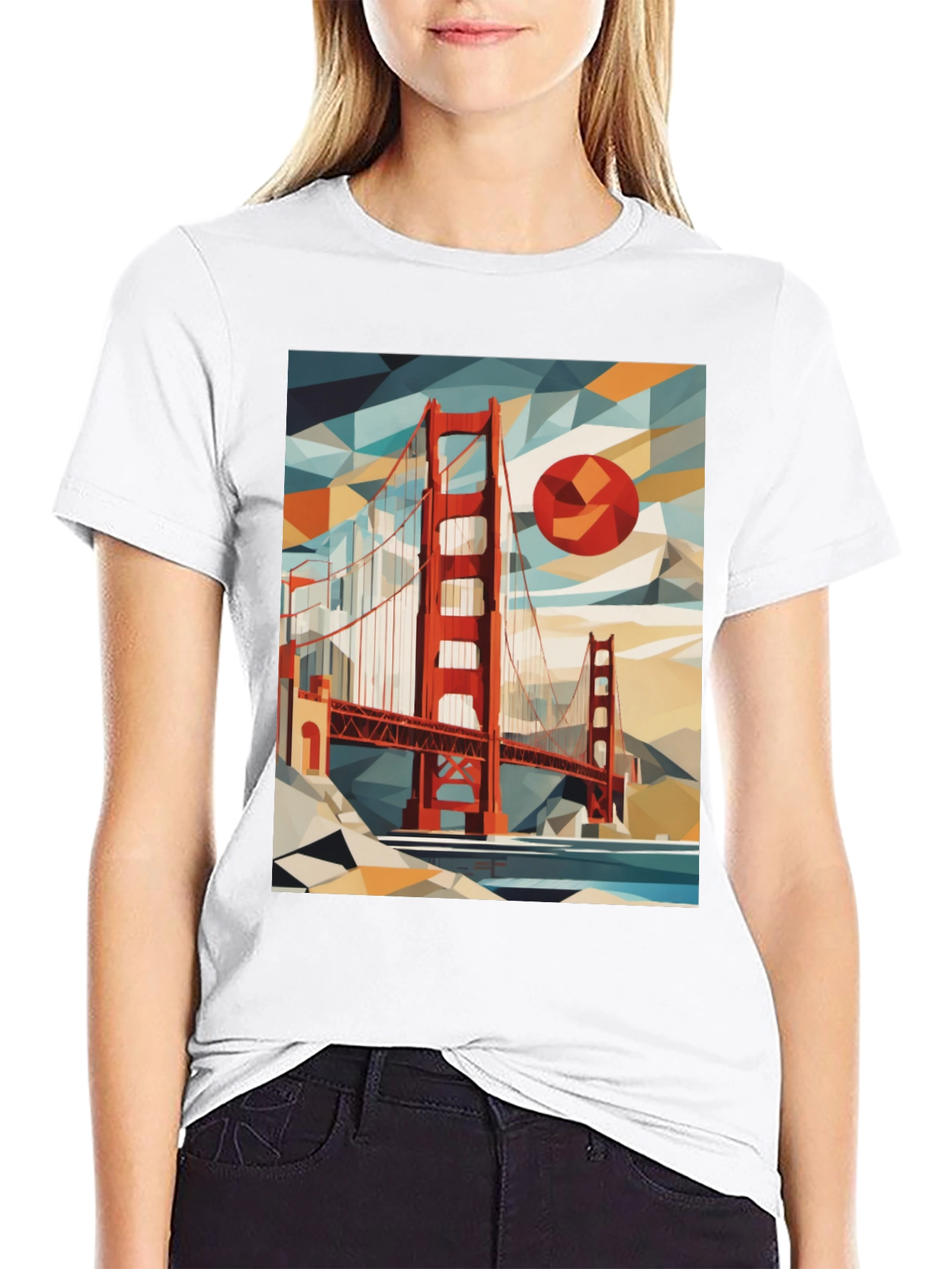 Golden Gate Bridge Geometric Art Black T-Shirt