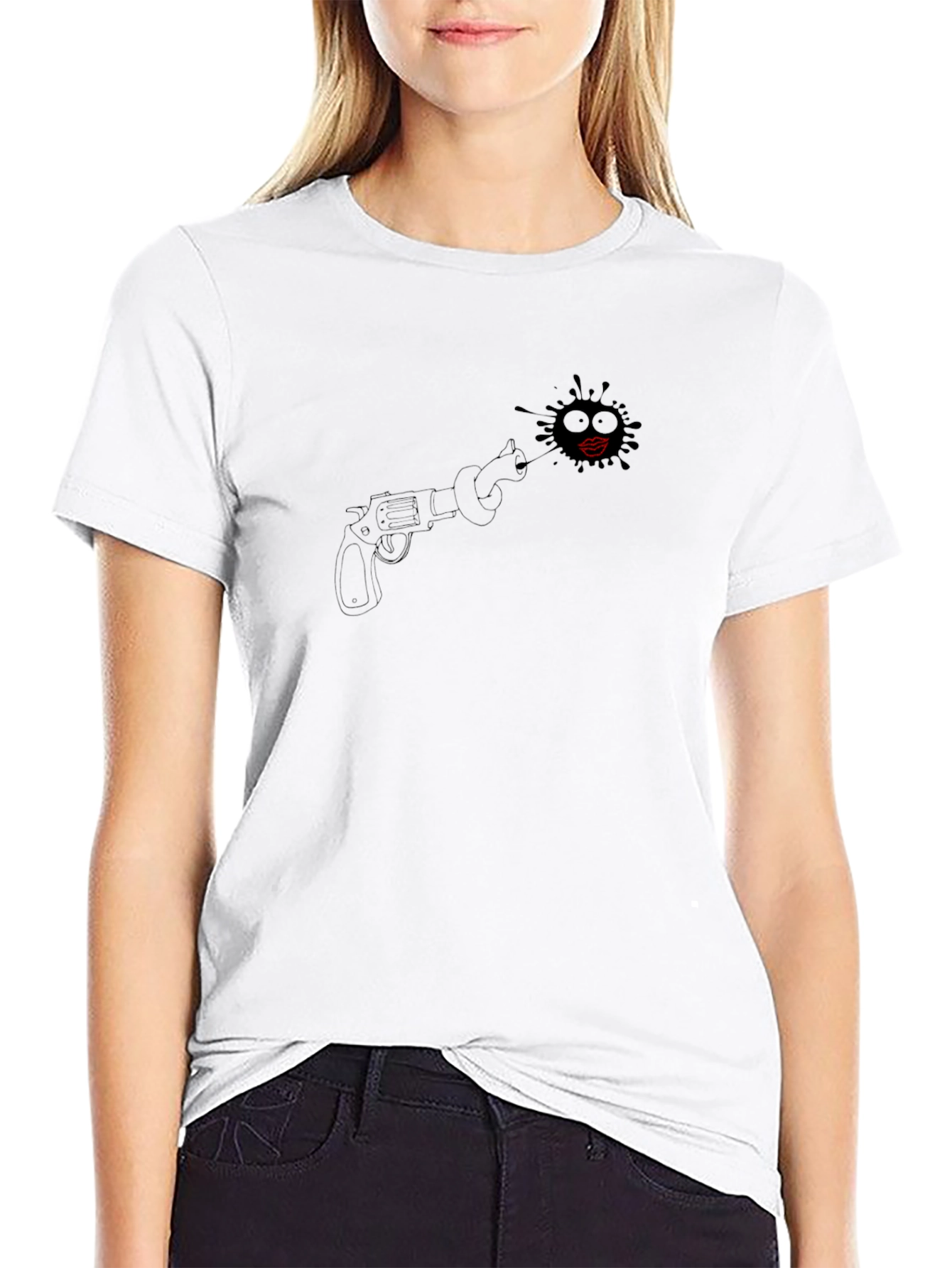 Black T-Shirt with Revolver and Lips Design