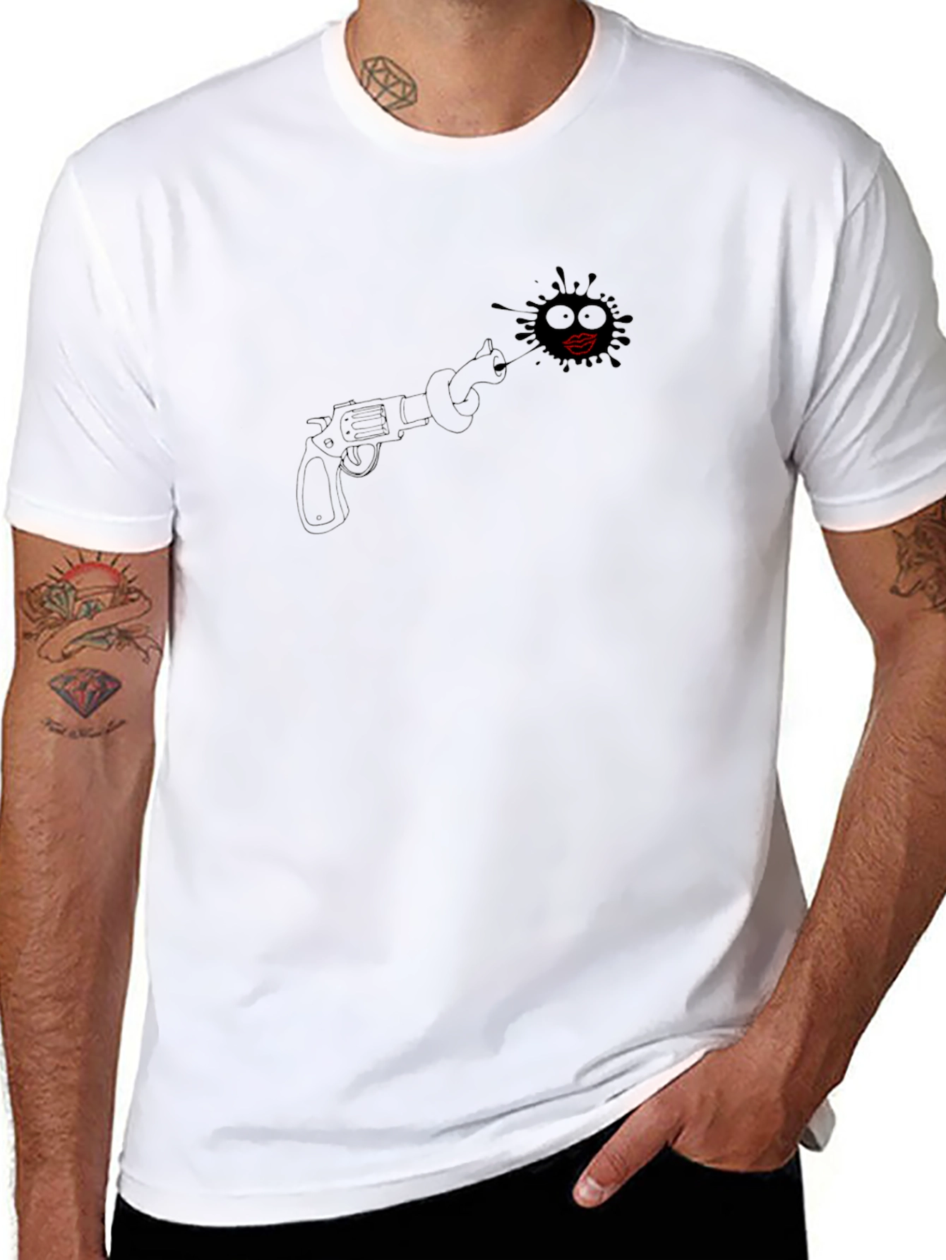 Black T-Shirt with Revolver and Lips Design