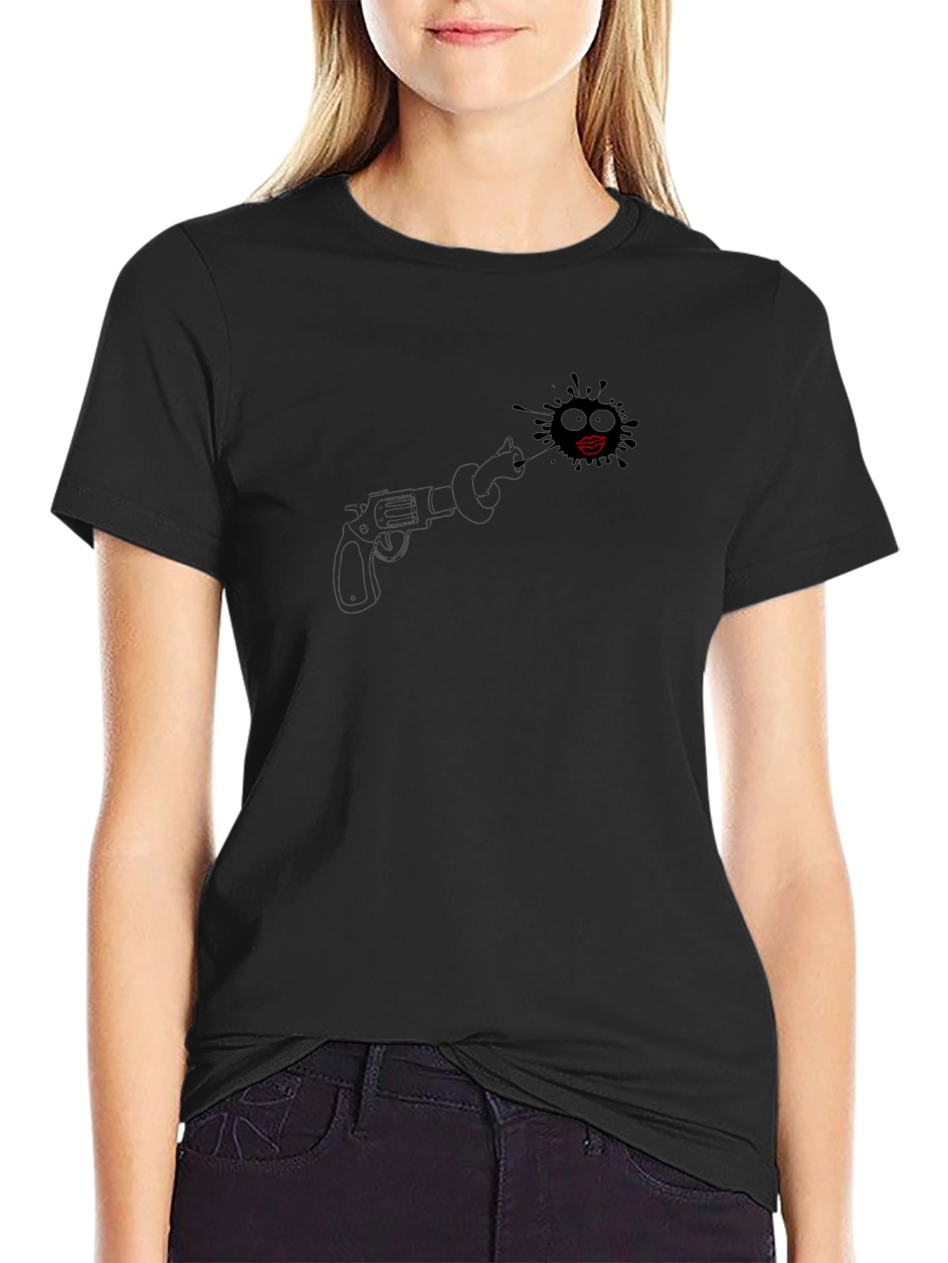 Black T-Shirt with Revolver and Lips Design