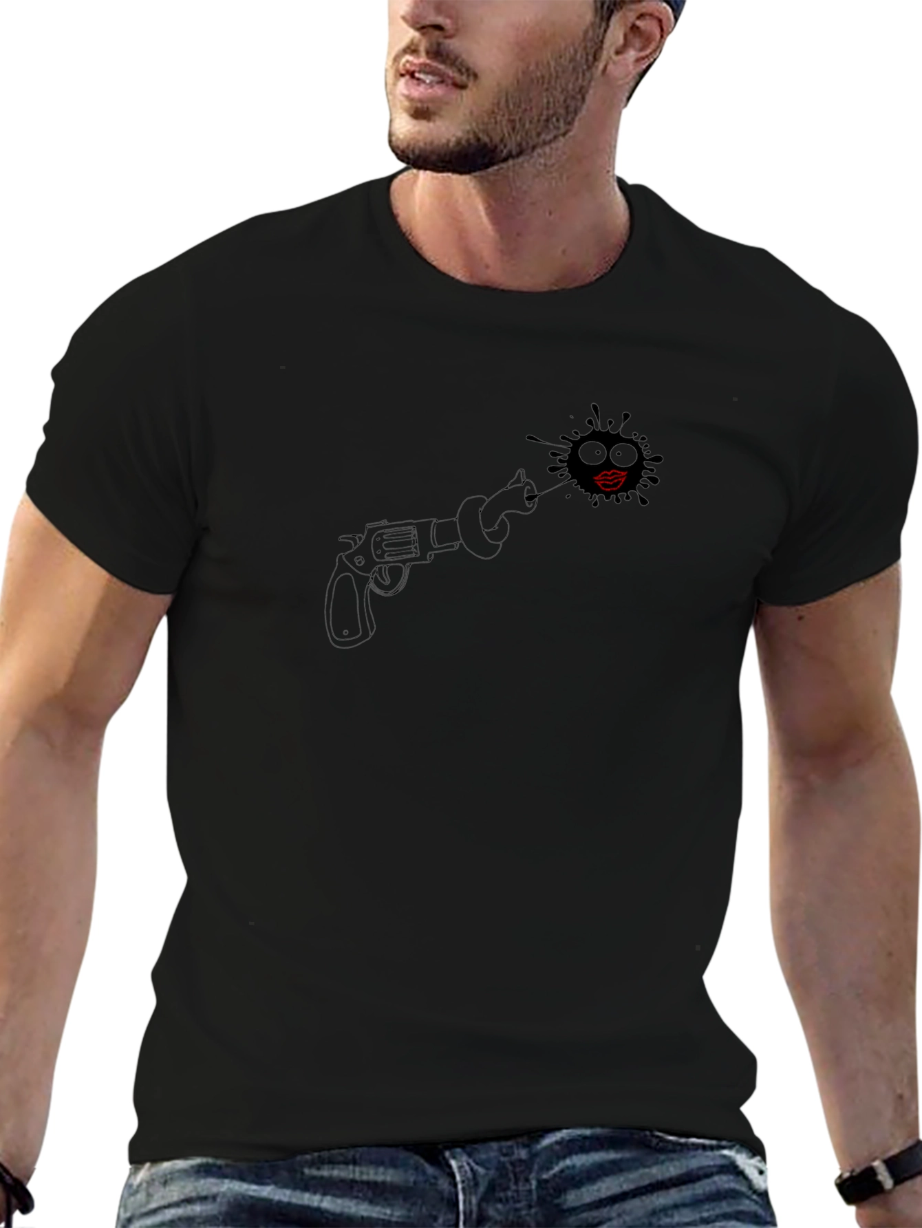 Black T-Shirt with Revolver and Lips Design