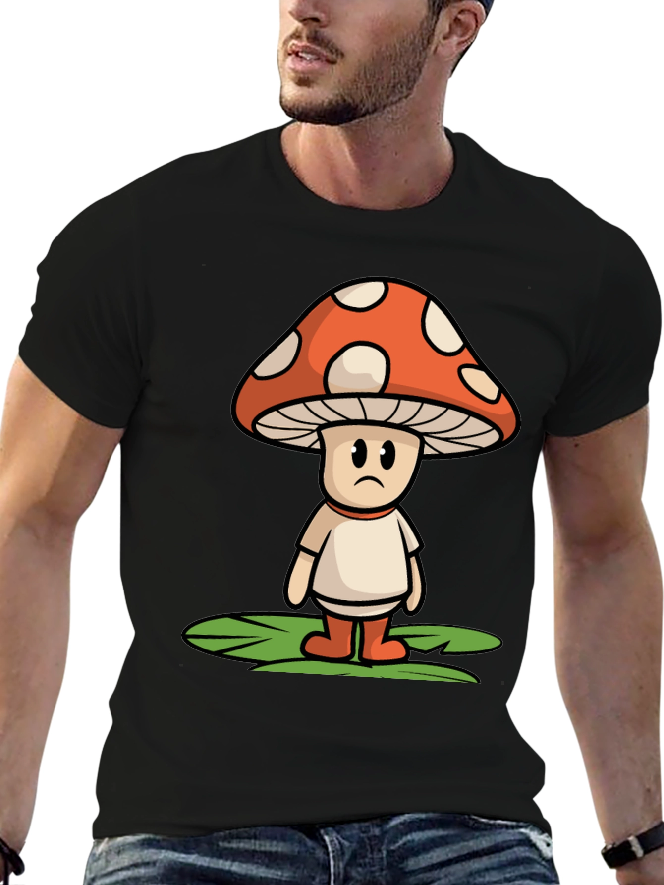 Sad Mushroom Graphic Tee - Funky Black T-Shirt