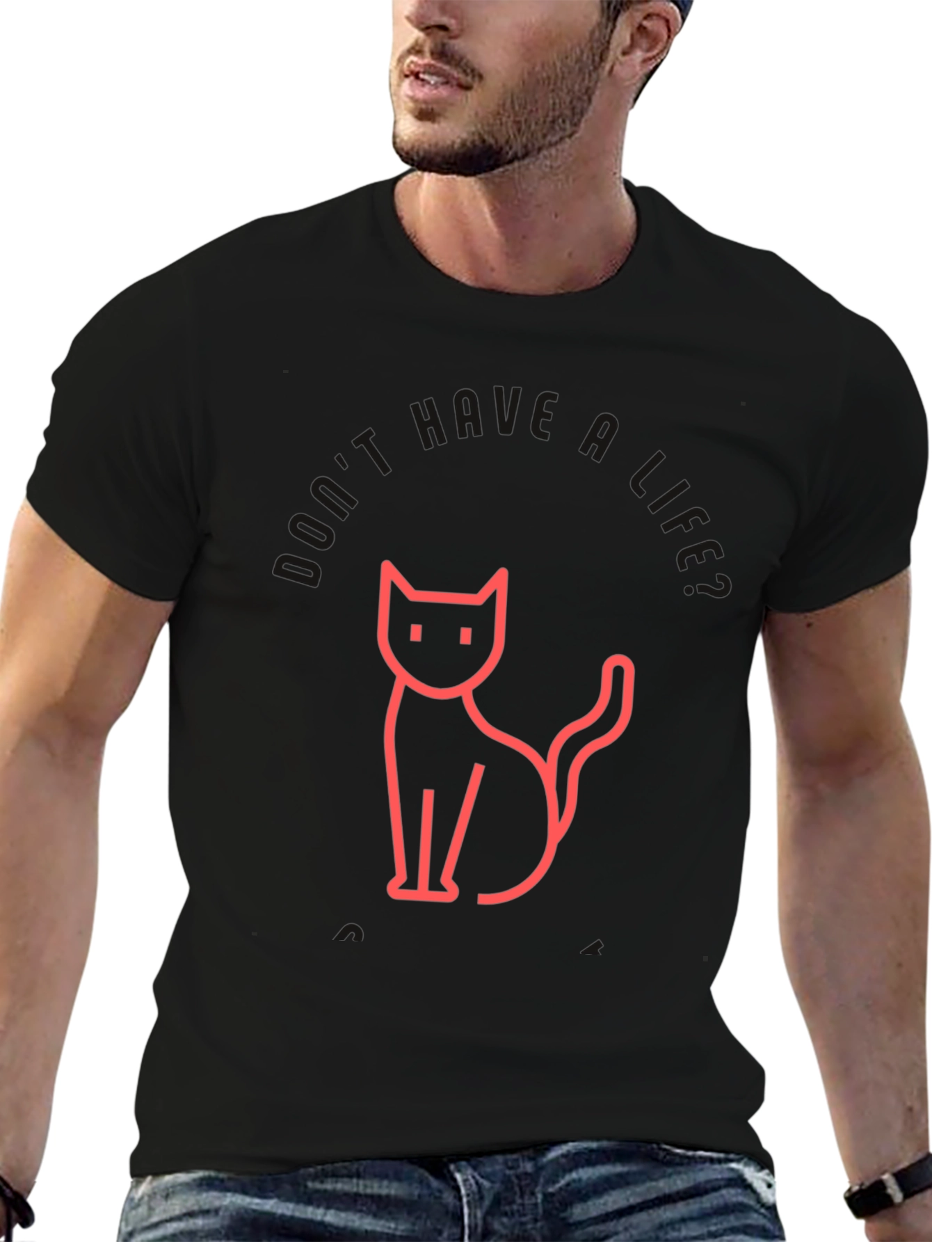Mens Black T-Shirt with Cat Graphic