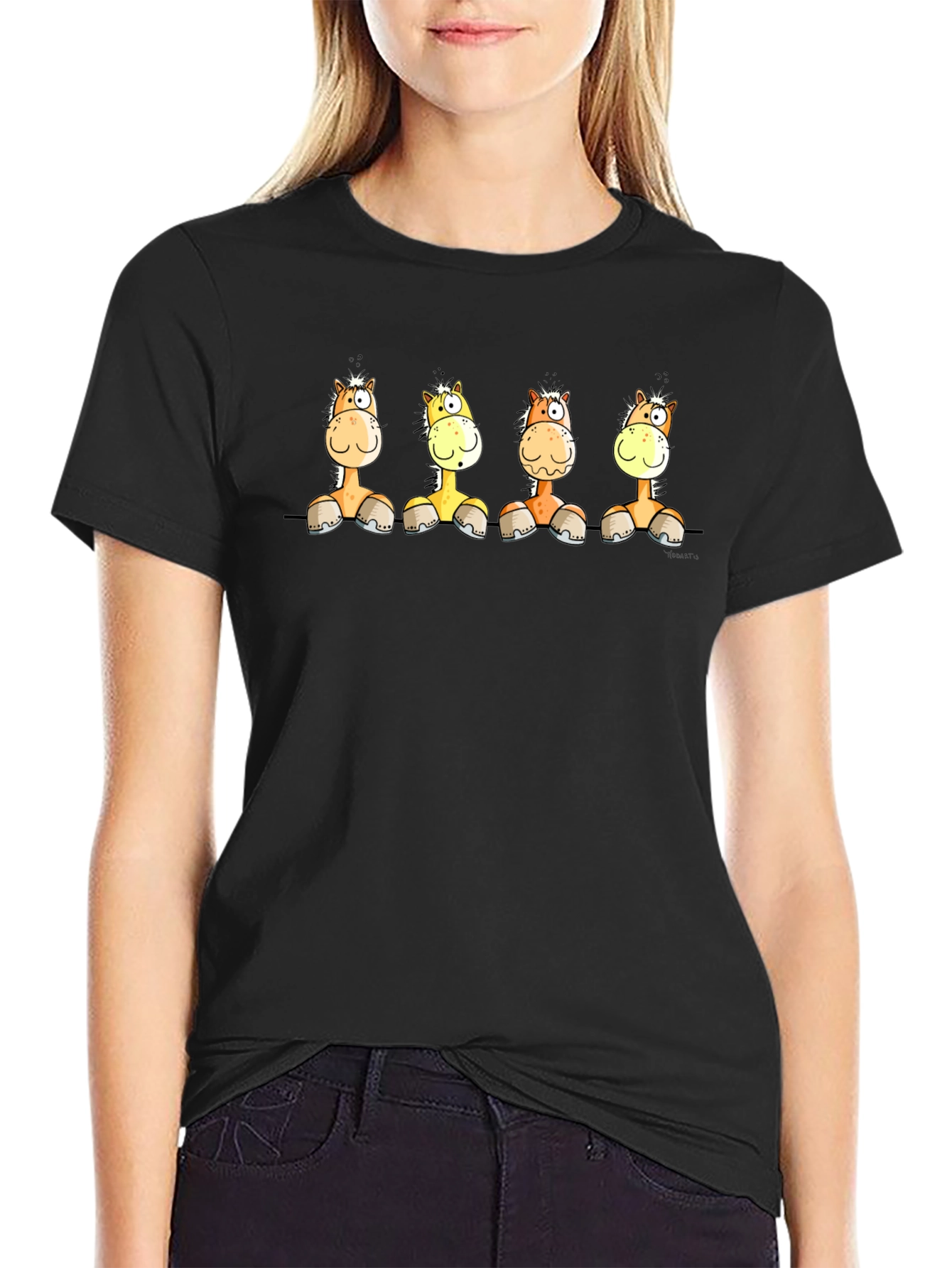 Funny Cartoon Horse Graphic Black T-Shirt