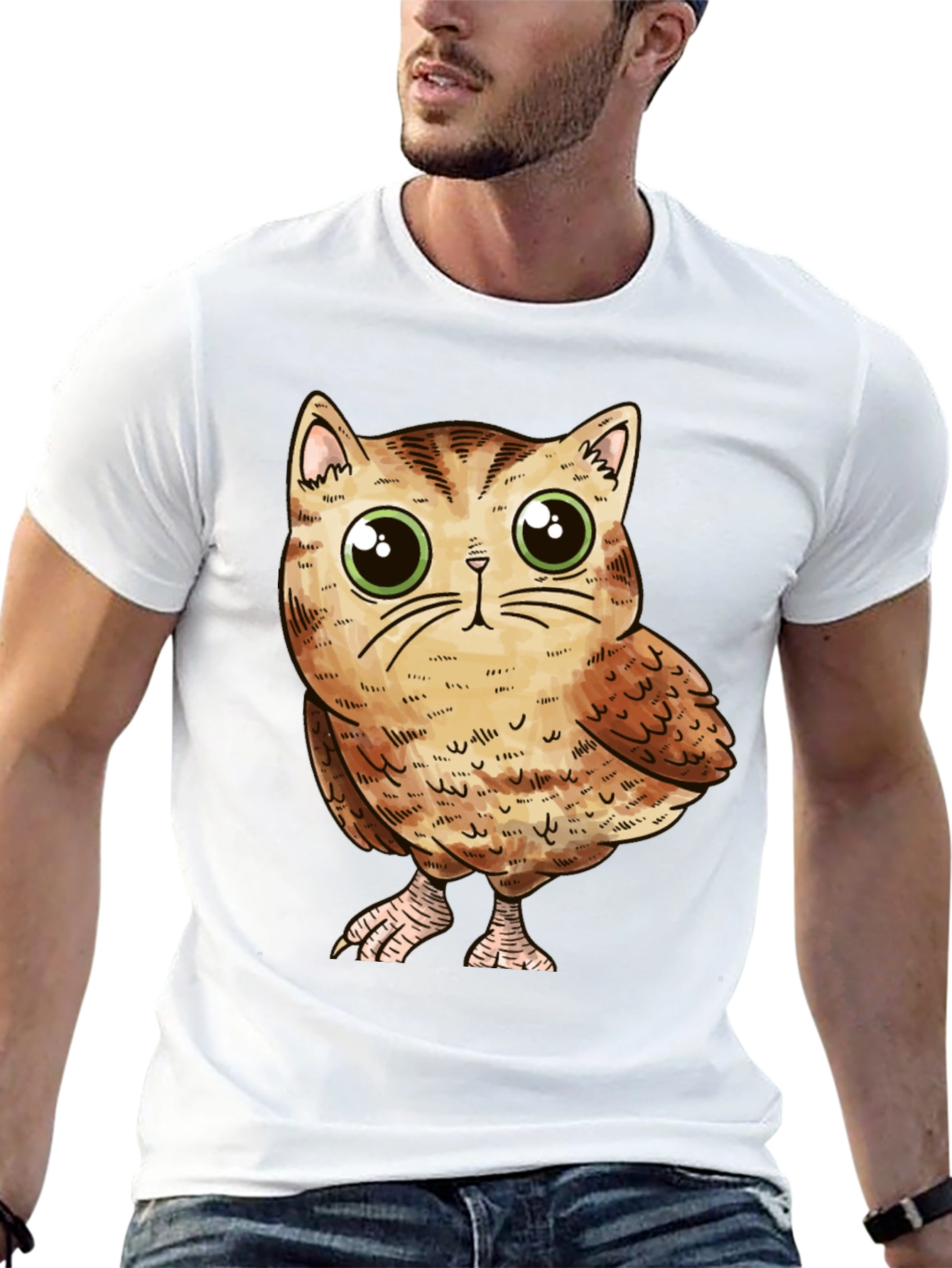 Cute Owl-Cat Hybrid Graphic T-Shirt