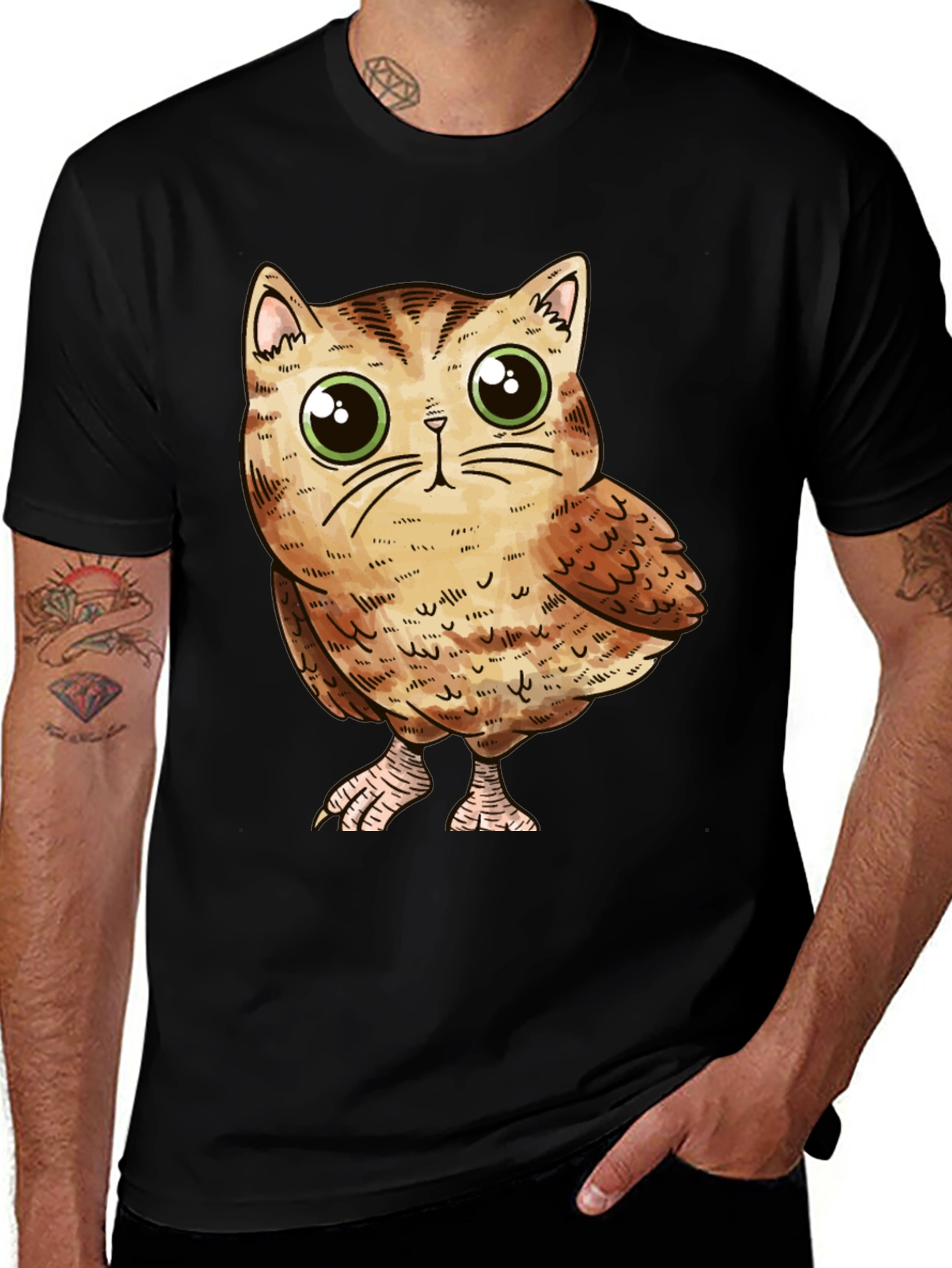 Cute Owl-Cat Hybrid Graphic T-Shirt
