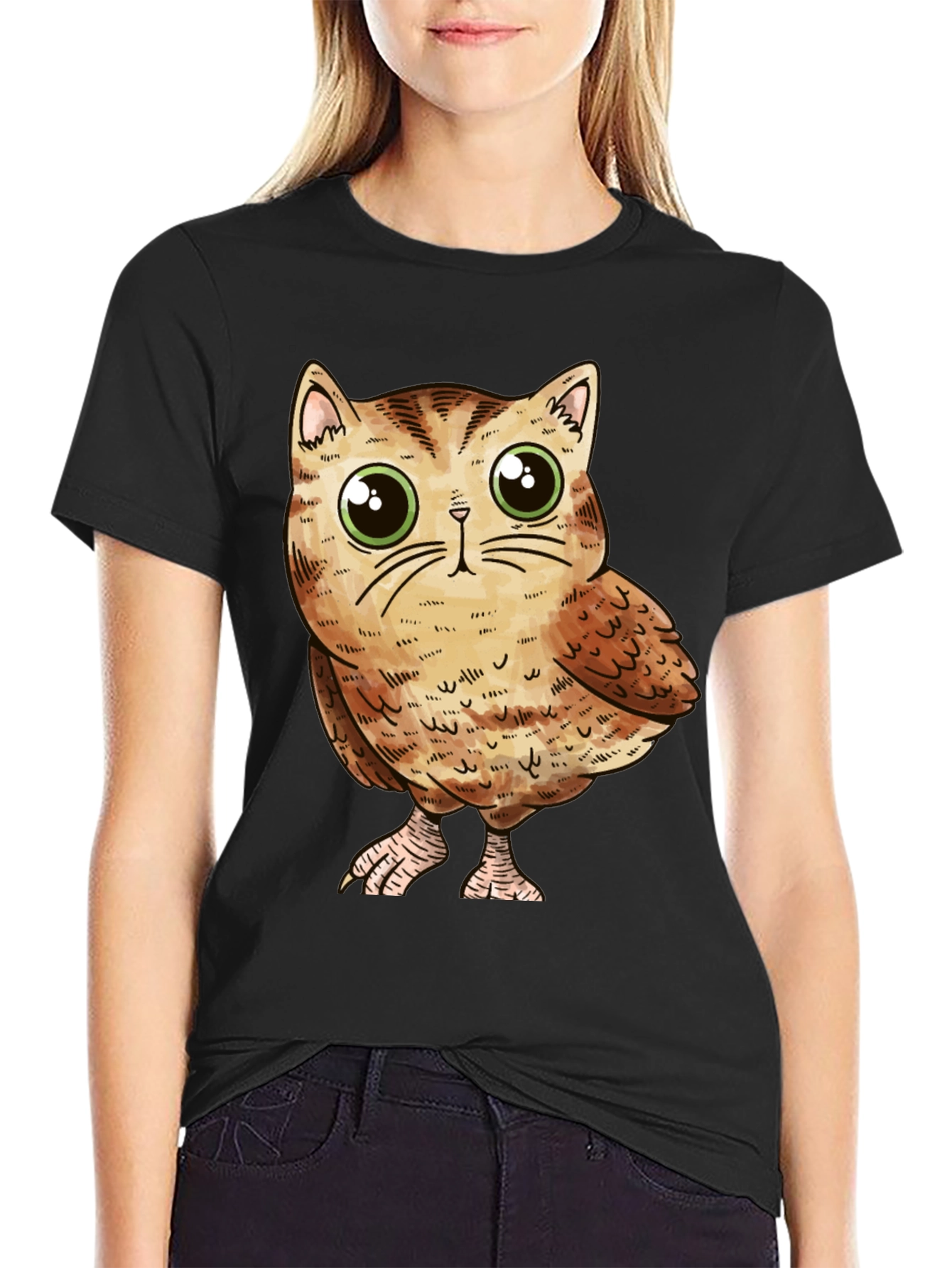 Cute Owl-Cat Hybrid Graphic T-Shirt
