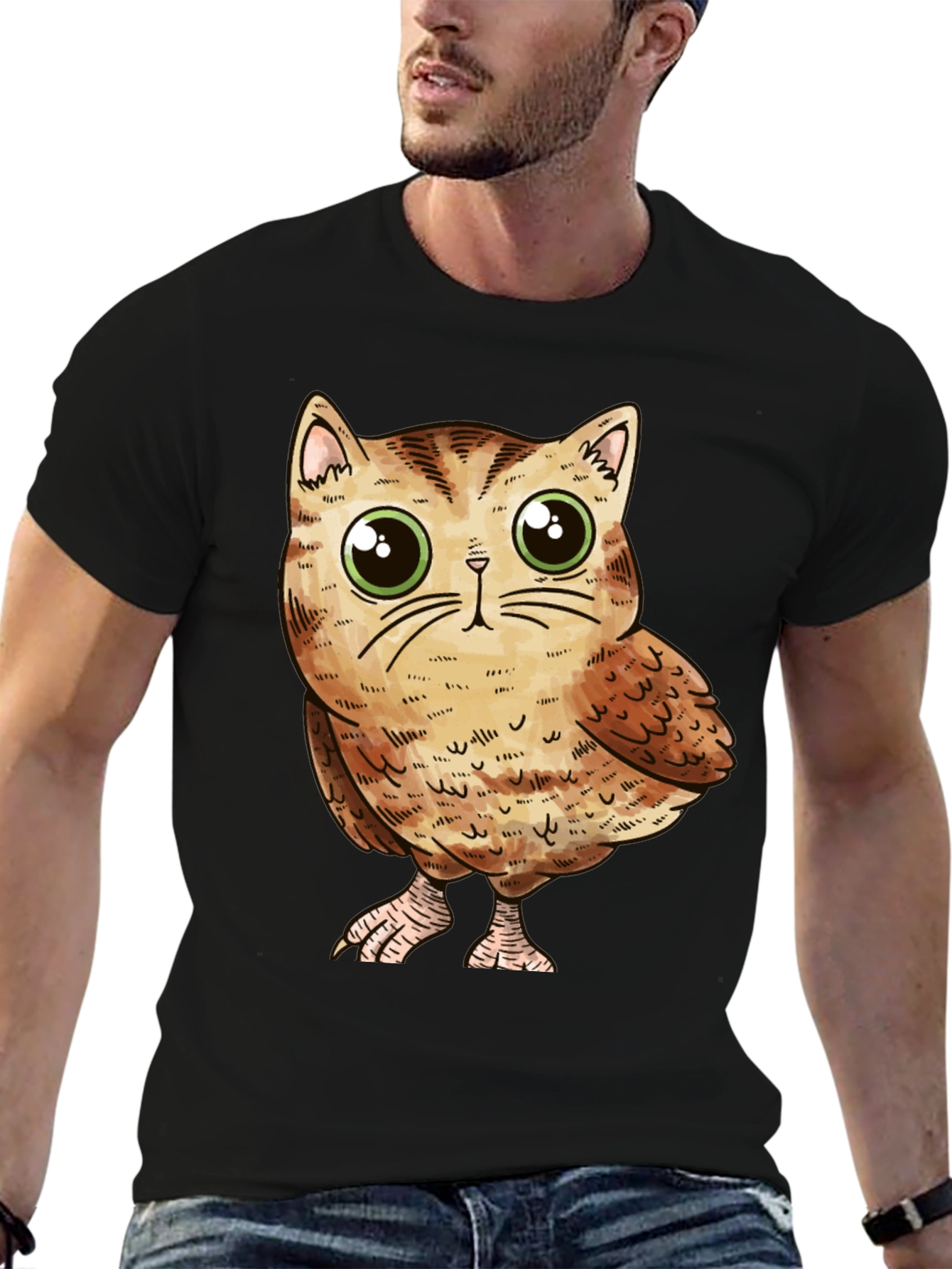Cute Owl-Cat Hybrid Graphic T-Shirt