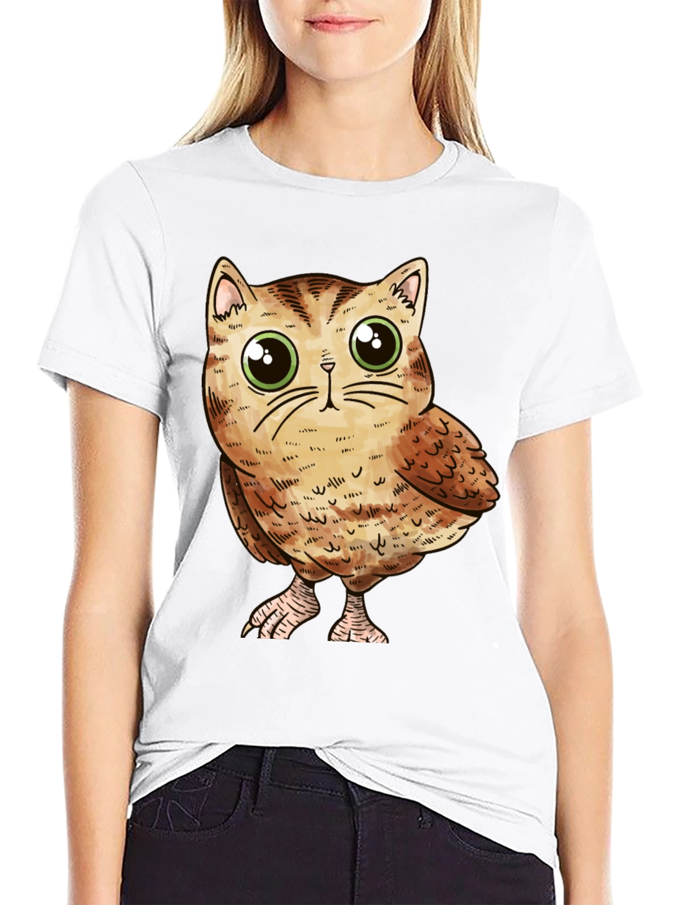 Cute Owl-Cat Hybrid Graphic T-Shirt