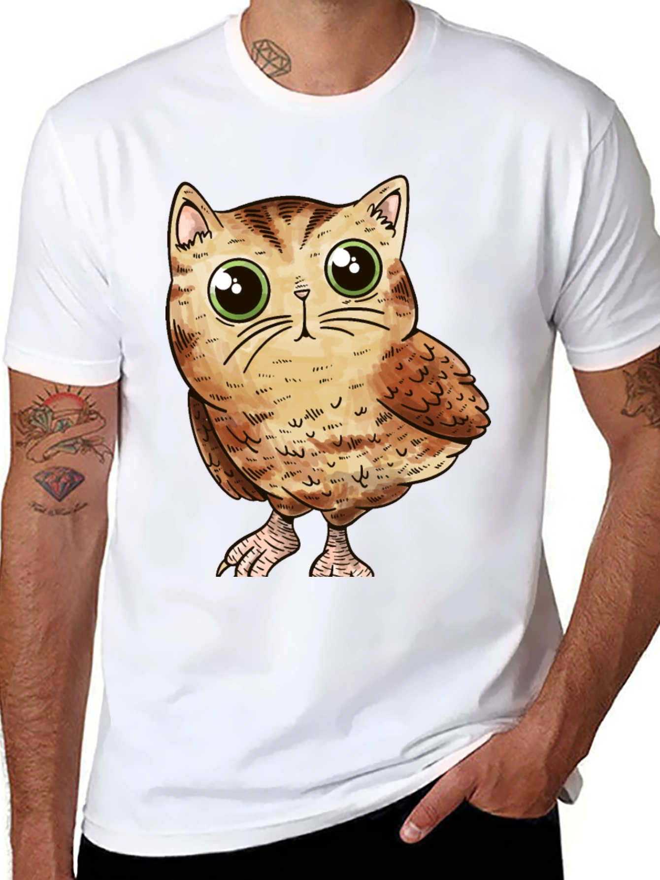Cute Owl-Cat Hybrid Graphic T-Shirt